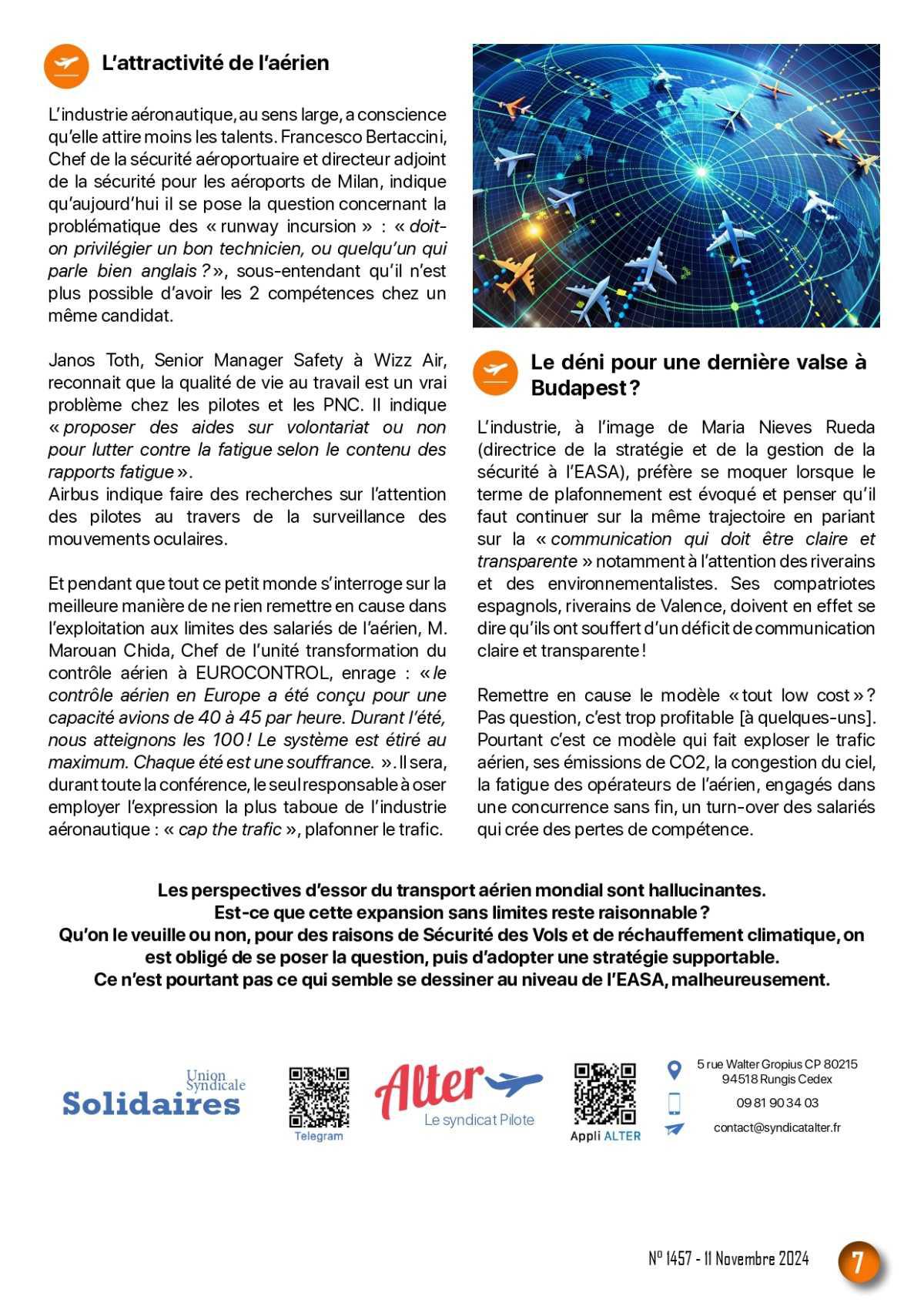 ALTER // Bulletin Syndical du Personnel Naviguant # 1457 du 11 novembre 2024