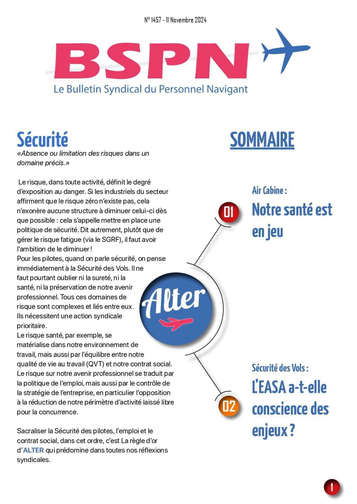 ALTER // Bulletin Syndical du Personnel Naviguant # 1457 du 11 novembre 2024