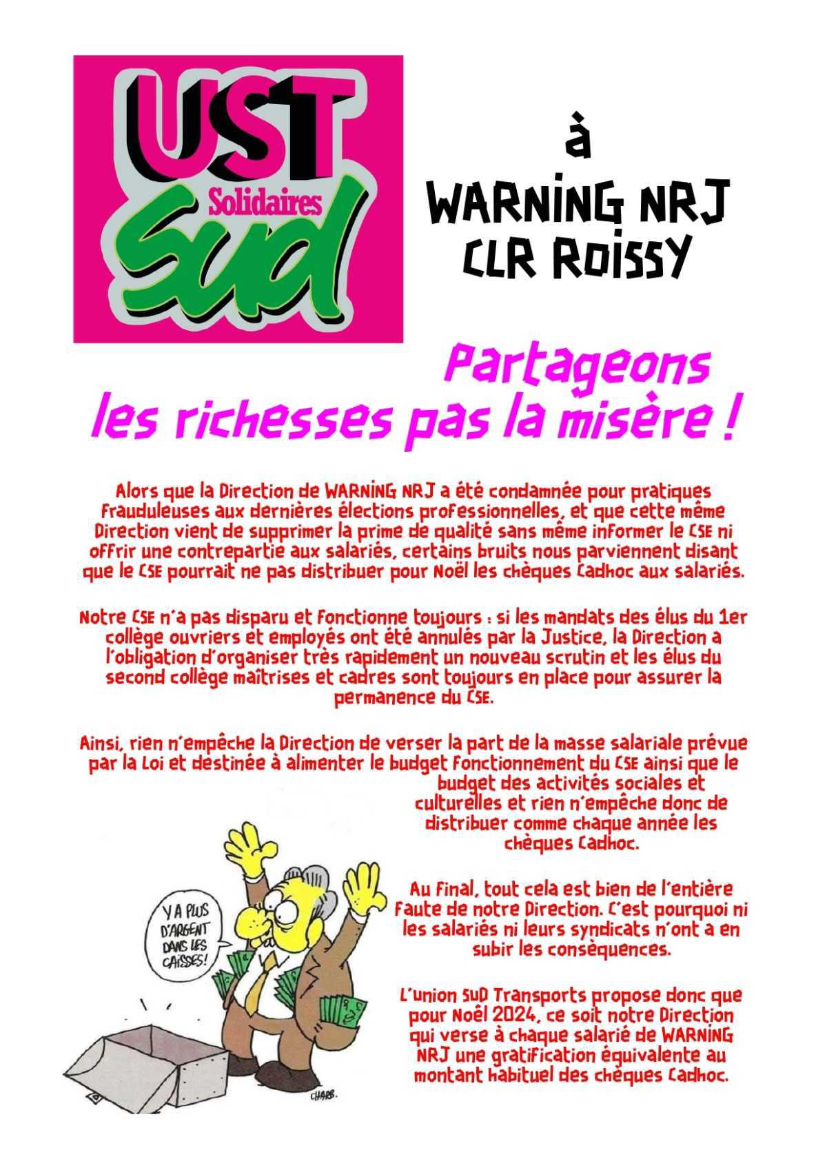 Tract UST Warning NRJ Beauchamps // Partageons les richesses, pas la misère !