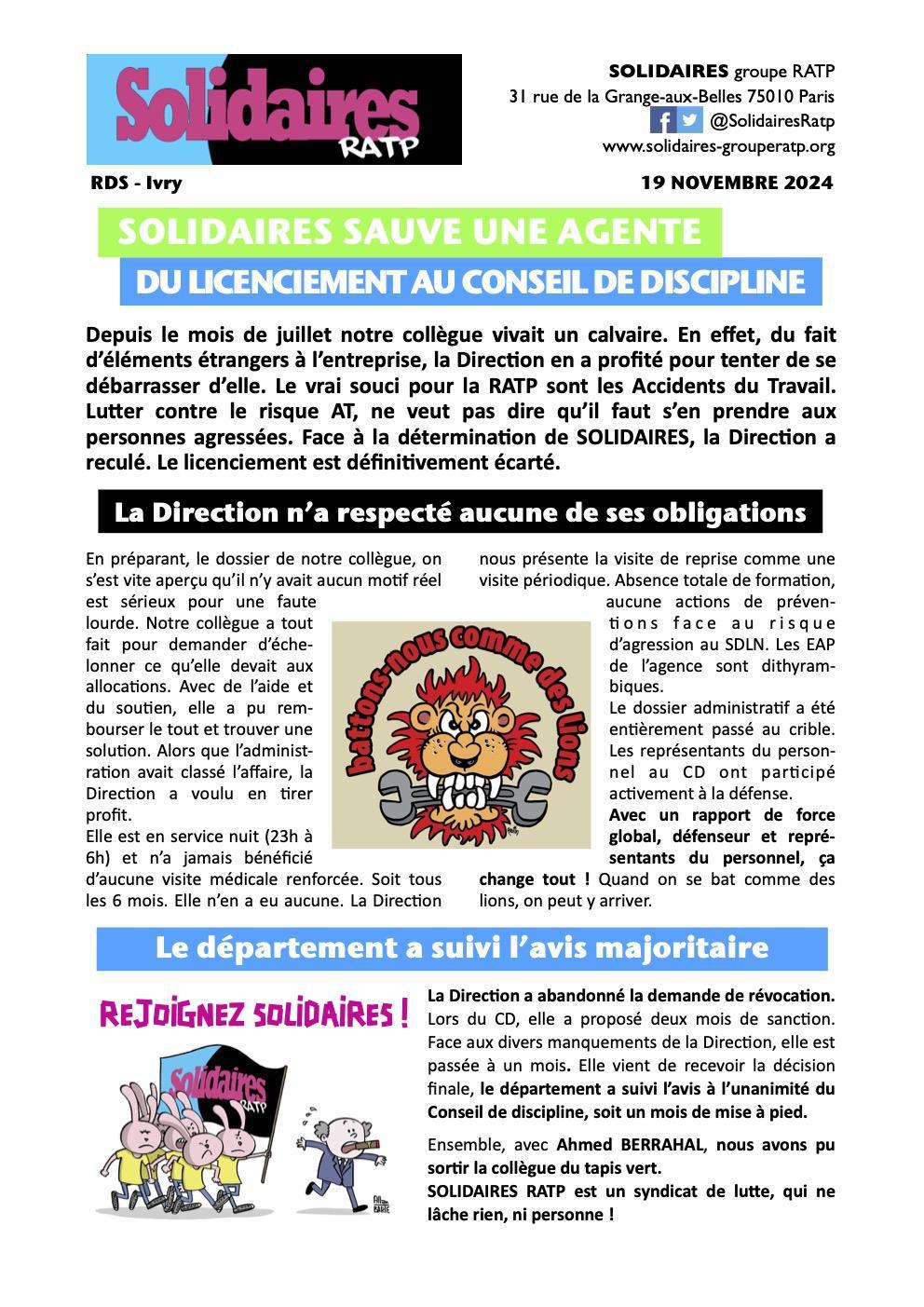 Solidaires RATP sauve une agente du licenciement