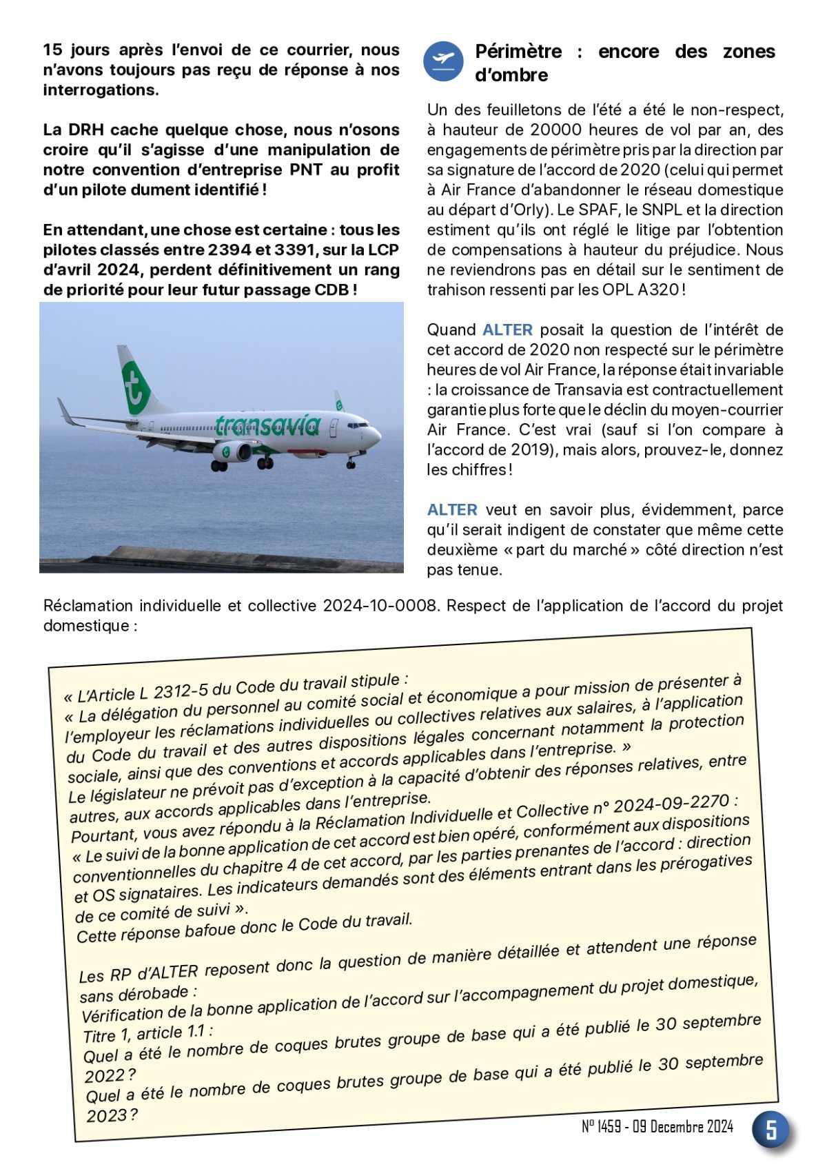 ALTER // Bulletin Syndical du Personnel Naviguant # 1459 du 09/12/24