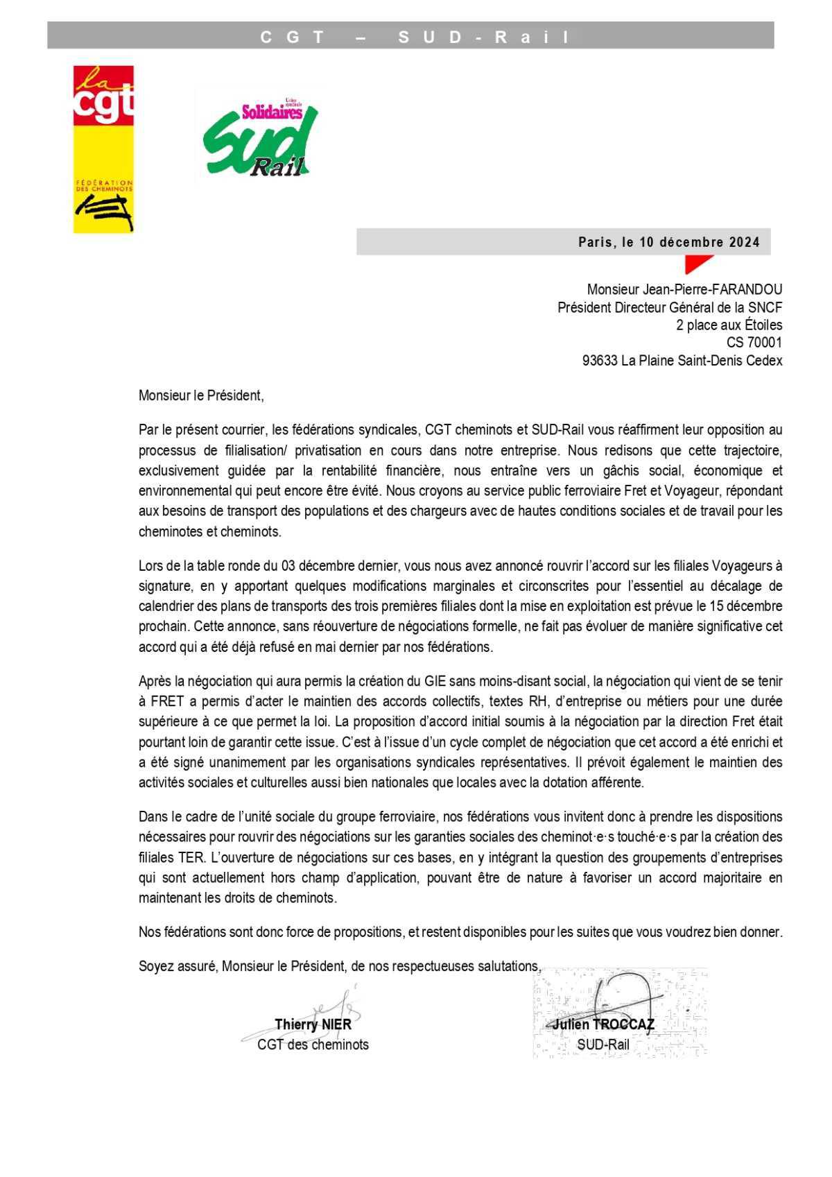 SUD-Rail - CGT // Courrier unitaire au président de la SNCF