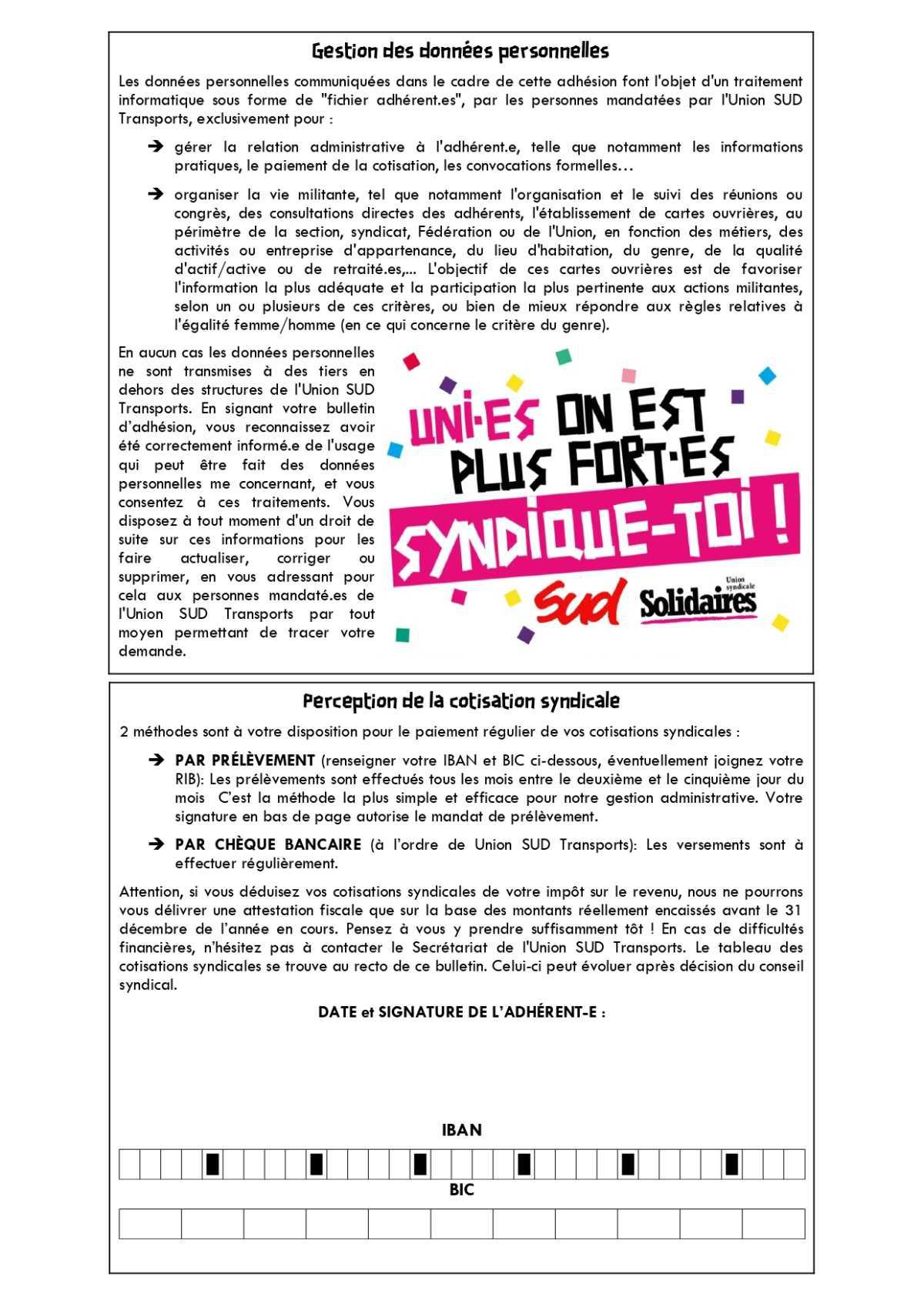 Nouveau bulletin d'adhésion à l'Union SUD Transports