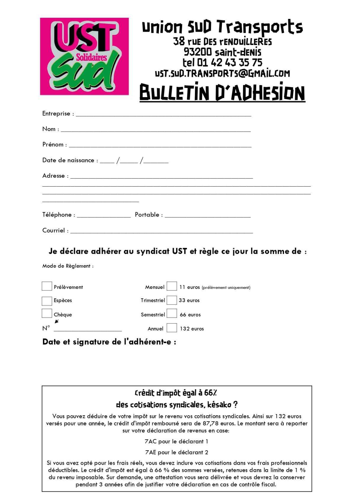 Nouveau bulletin d'adhésion à l'Union SUD Transports