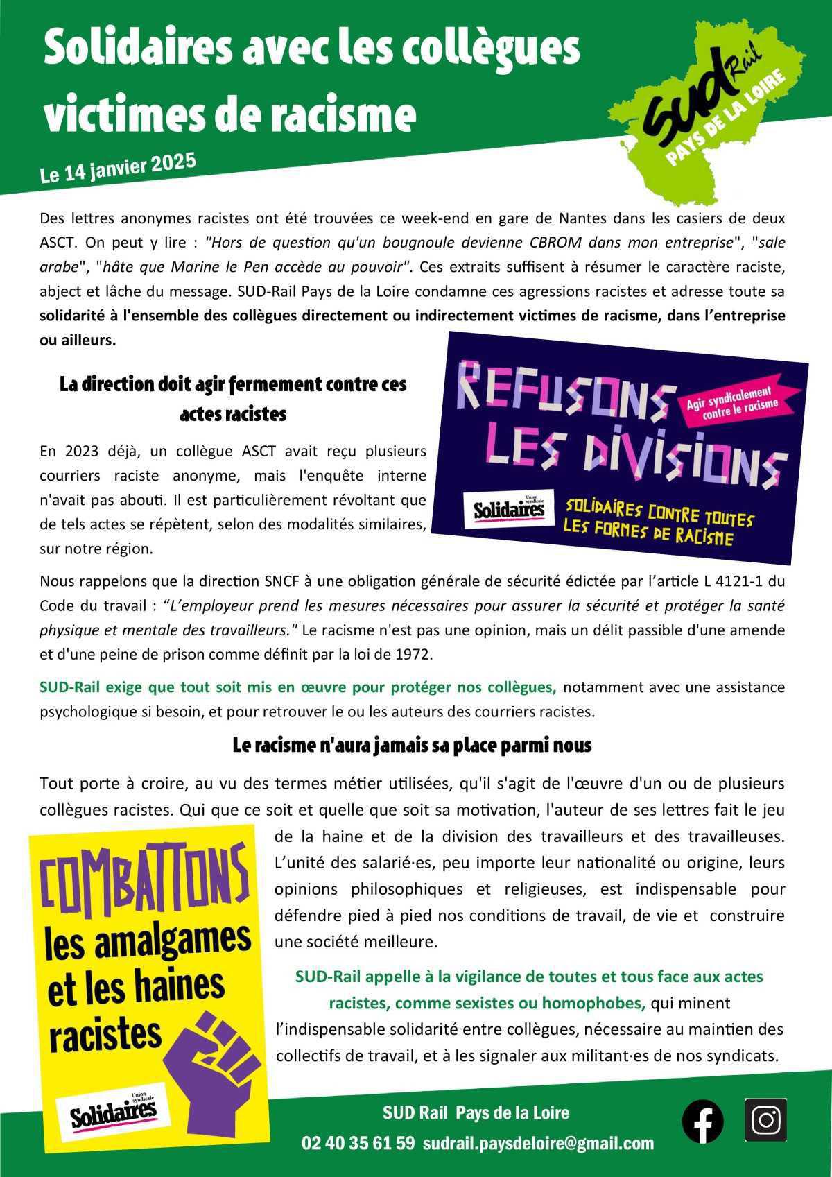 SUD-Rail Pays de la Loire // Solidaires avec les collègues victimes de racisme