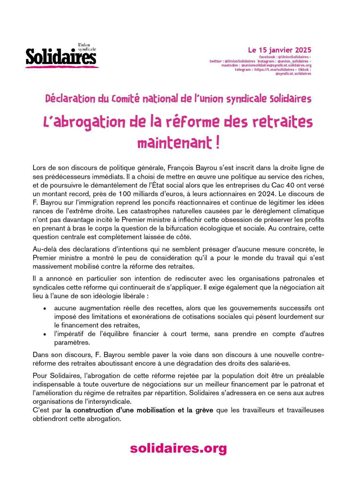 Solidaires // L’abrogation de la réforme des retraites maintenant !