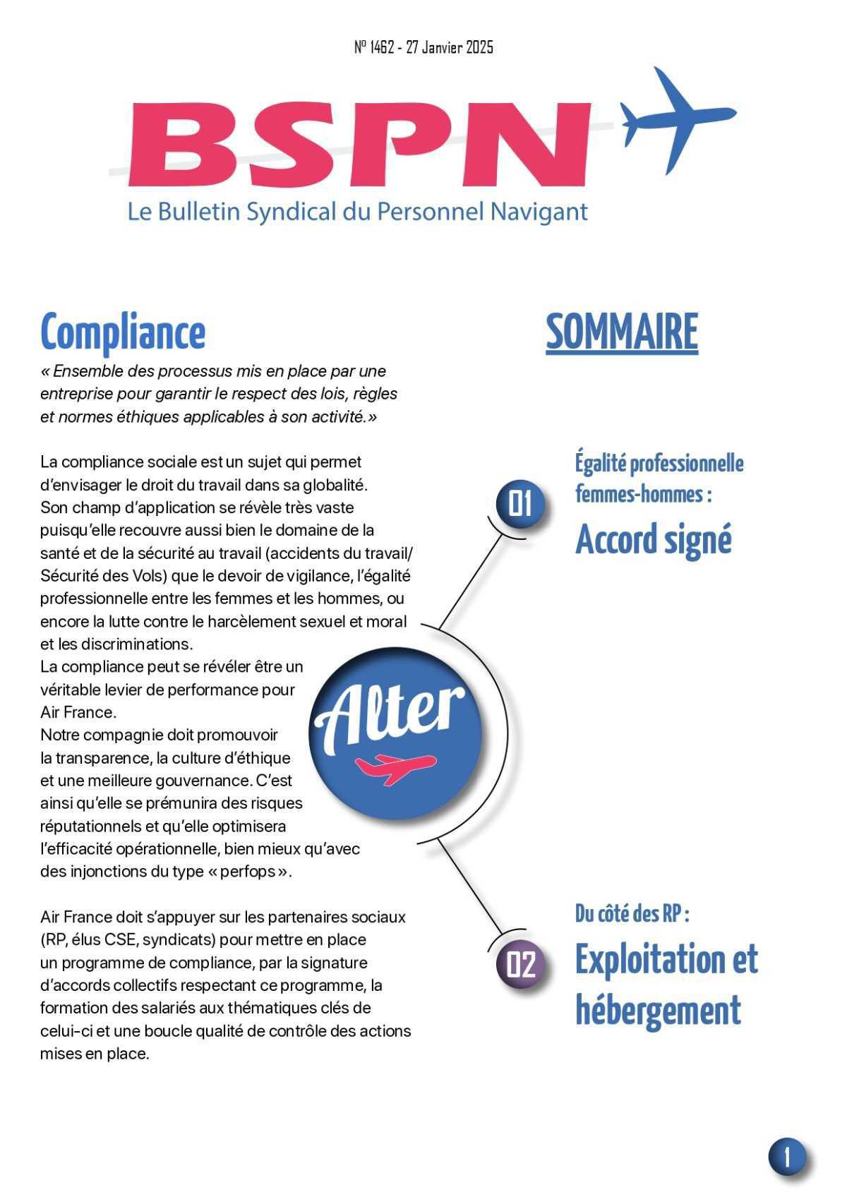 ALTER // Bulletin Syndical du Personnel Naviguant # 1462 du 27/01/25