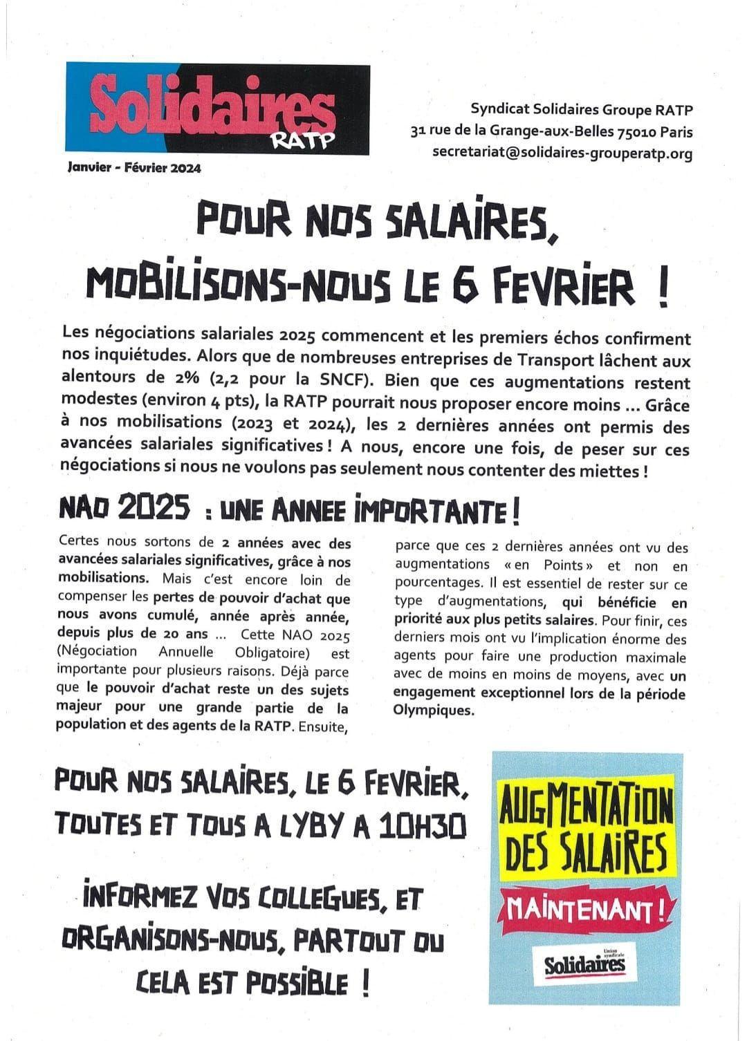 Solidaires RATP // Pour nos salaires, mobilisons nous le 6 février !