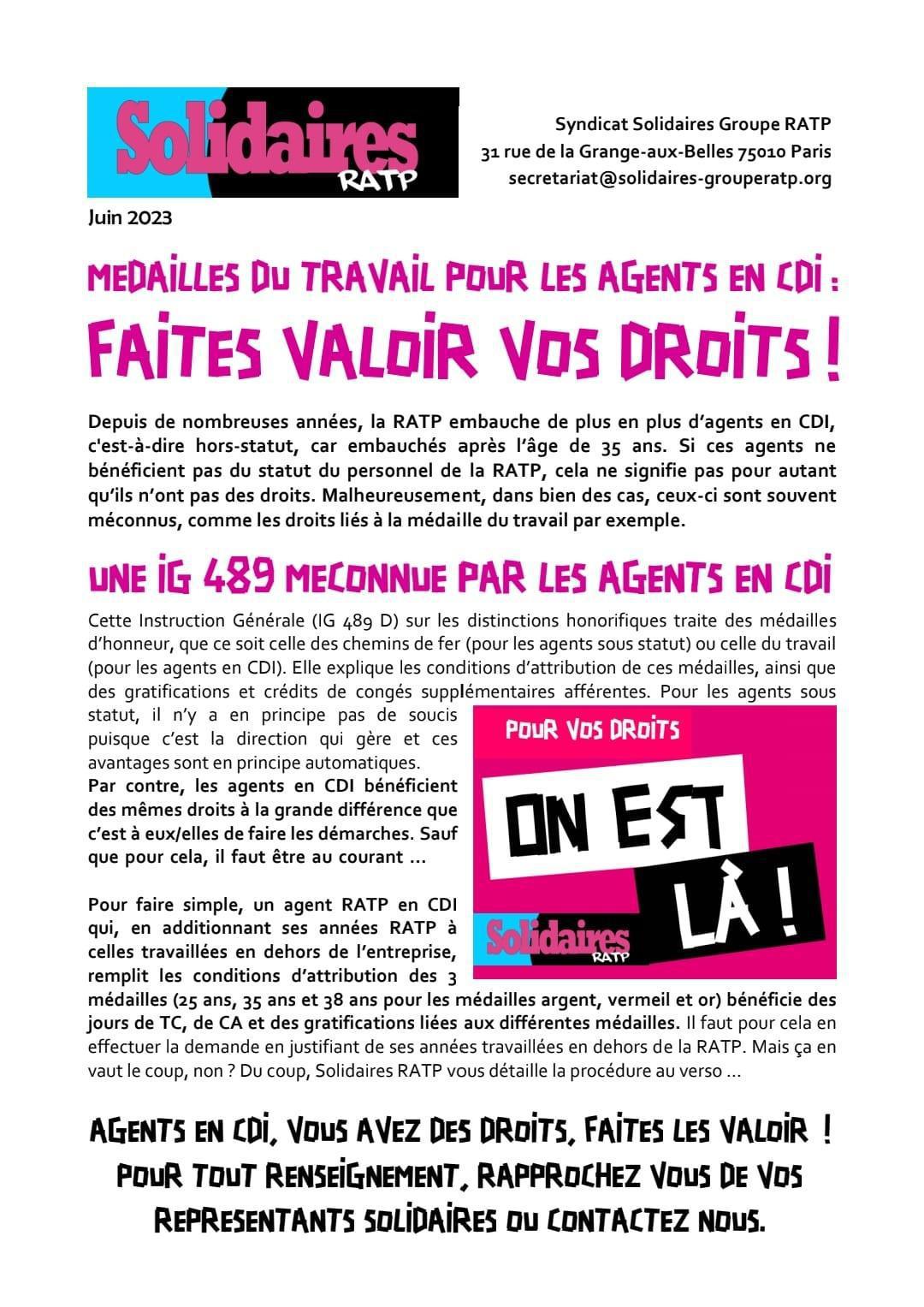 Solidaires RATP // Médailles du travail, faites valoir vos droits