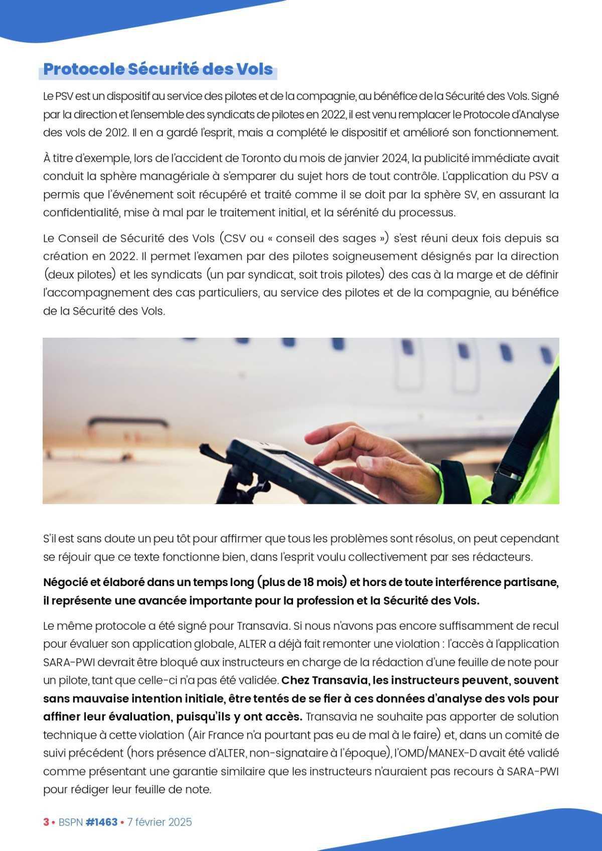 ALTER // Bulletin Syndical du Personnel Naviguant # 1463 du 07/02/25