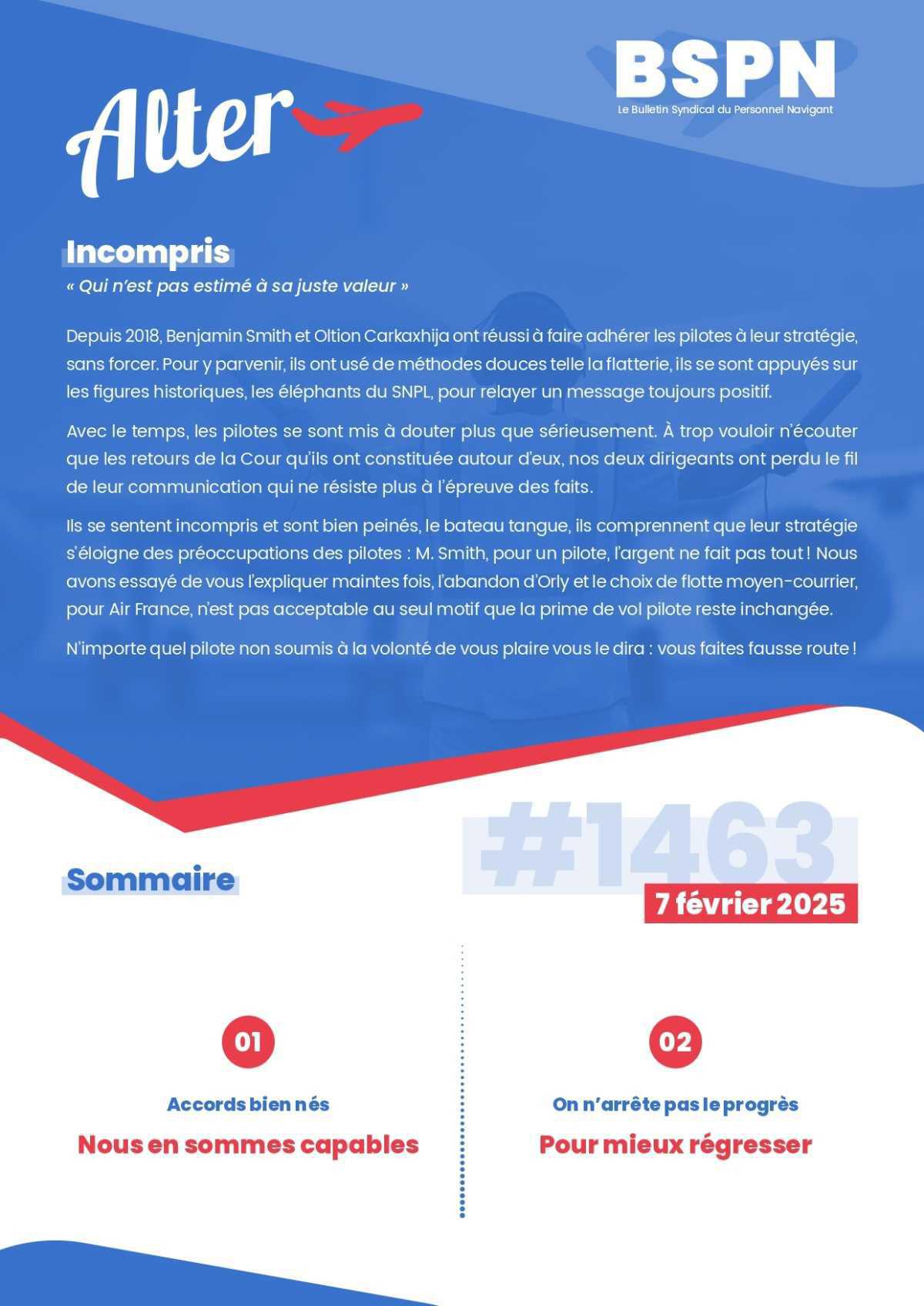 ALTER // Bulletin Syndical du Personnel Naviguant # 1463 du 07/02/25