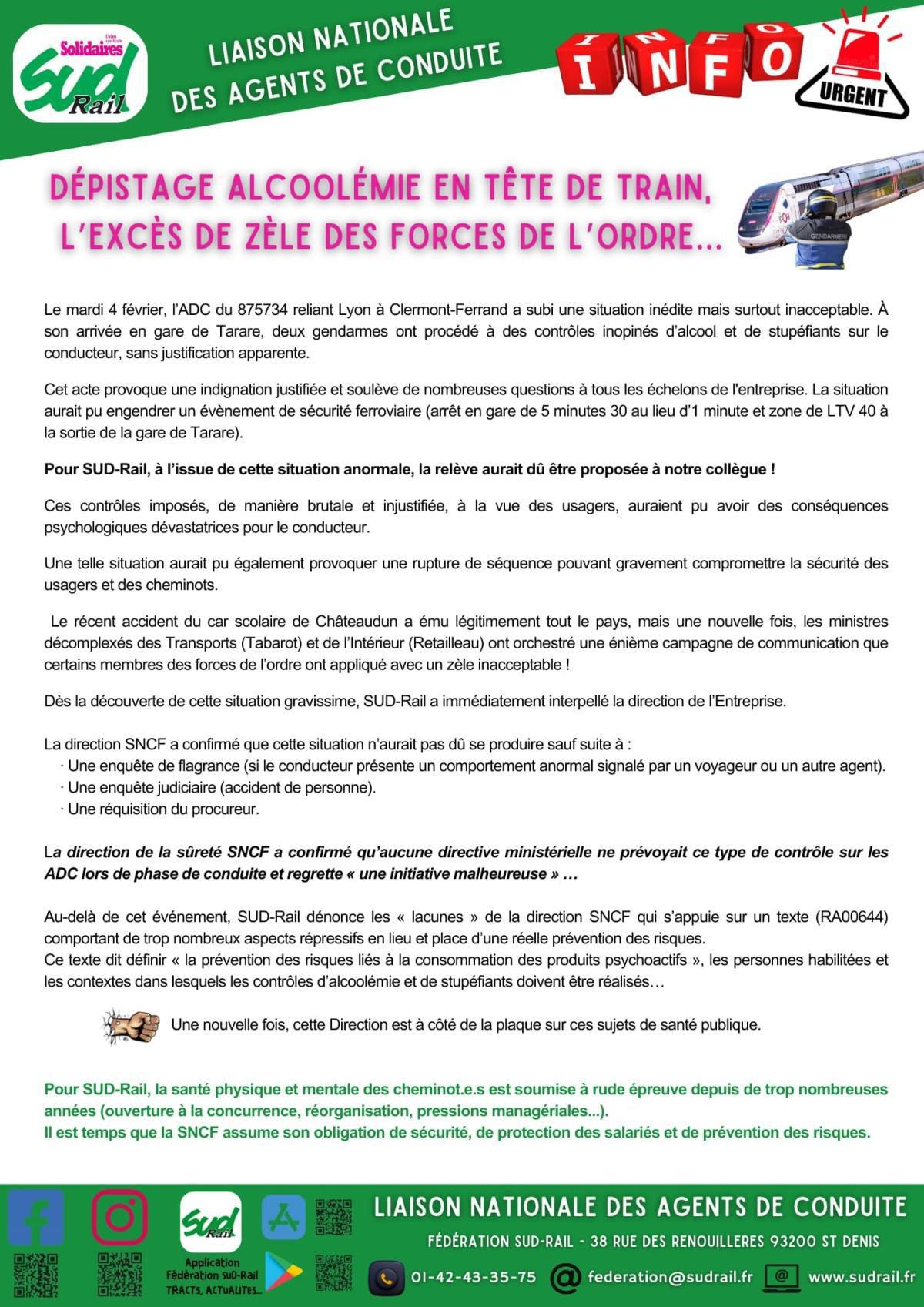 SUD-Rail // Dépistage alcoolémie en tête de train : non aux excès !