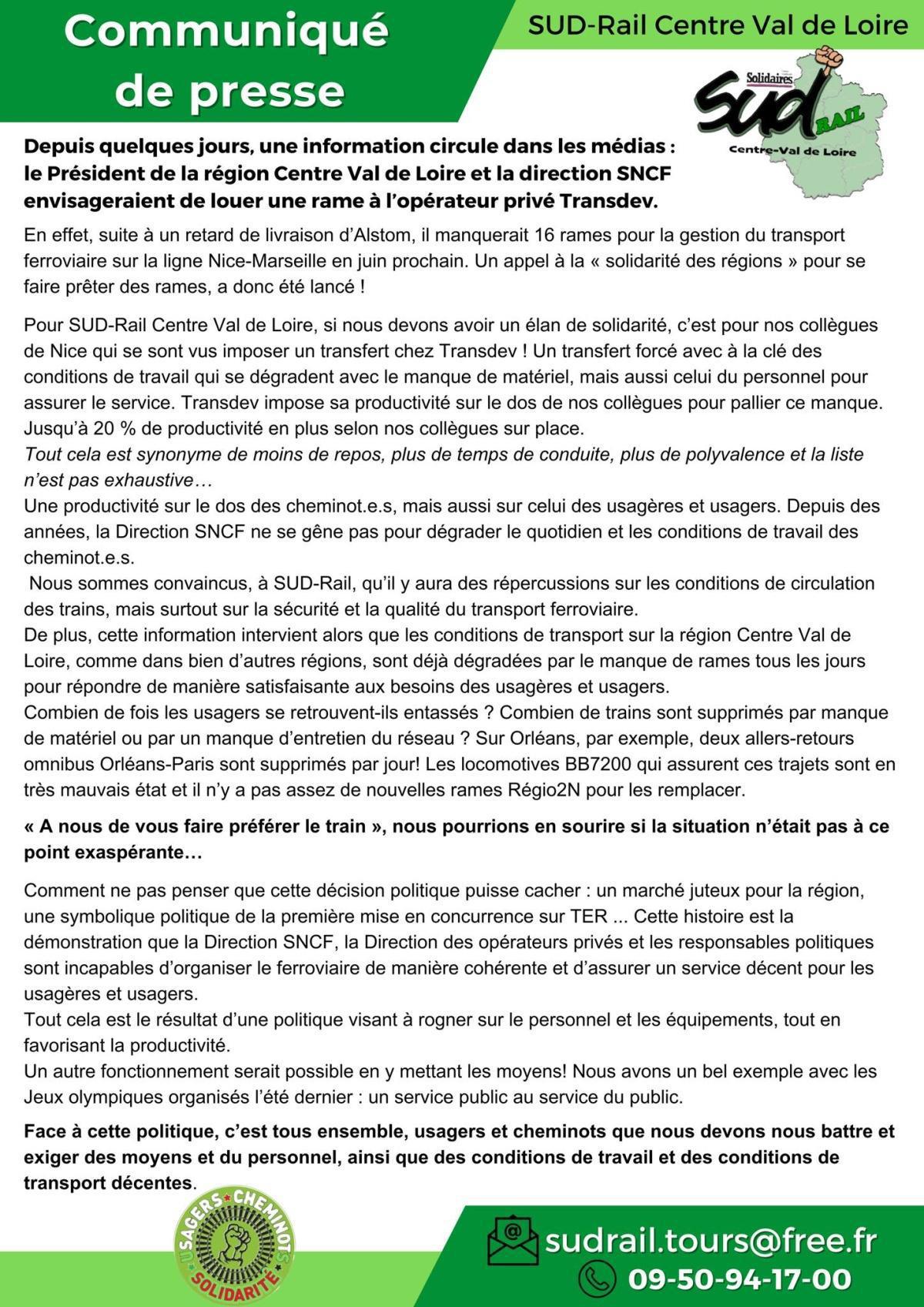 SUD-Rail Centre-Val-de-Loire // Communiqué de presse