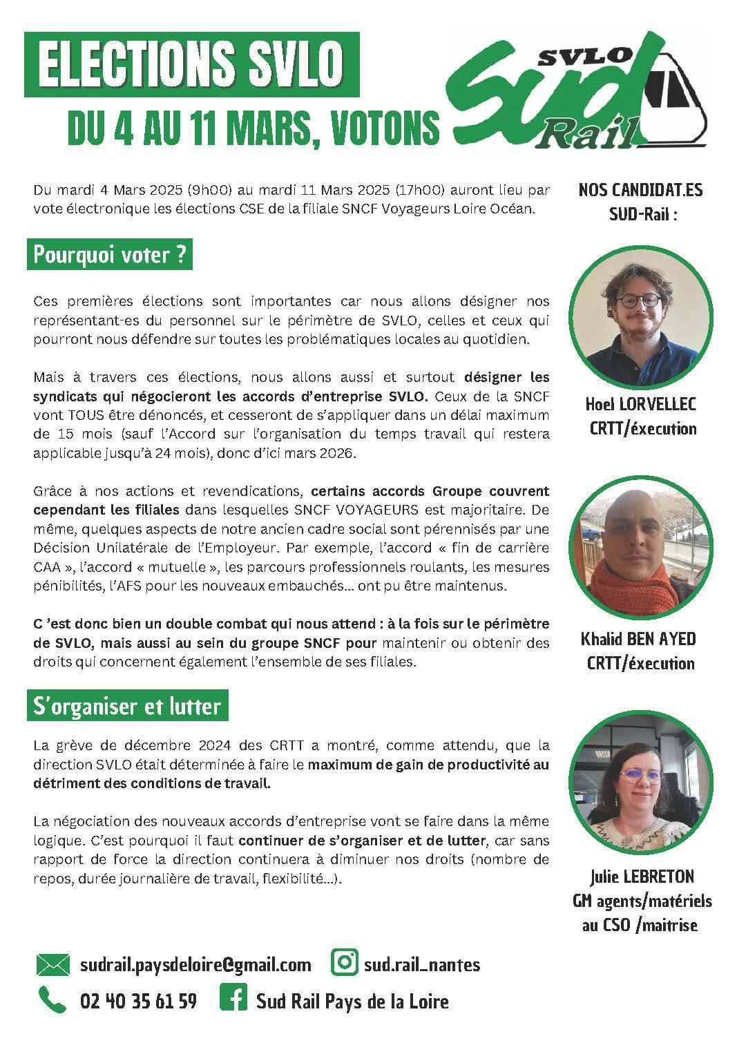 Elections SVLO : du 4 au 11 mars, votons SUD-Rail !