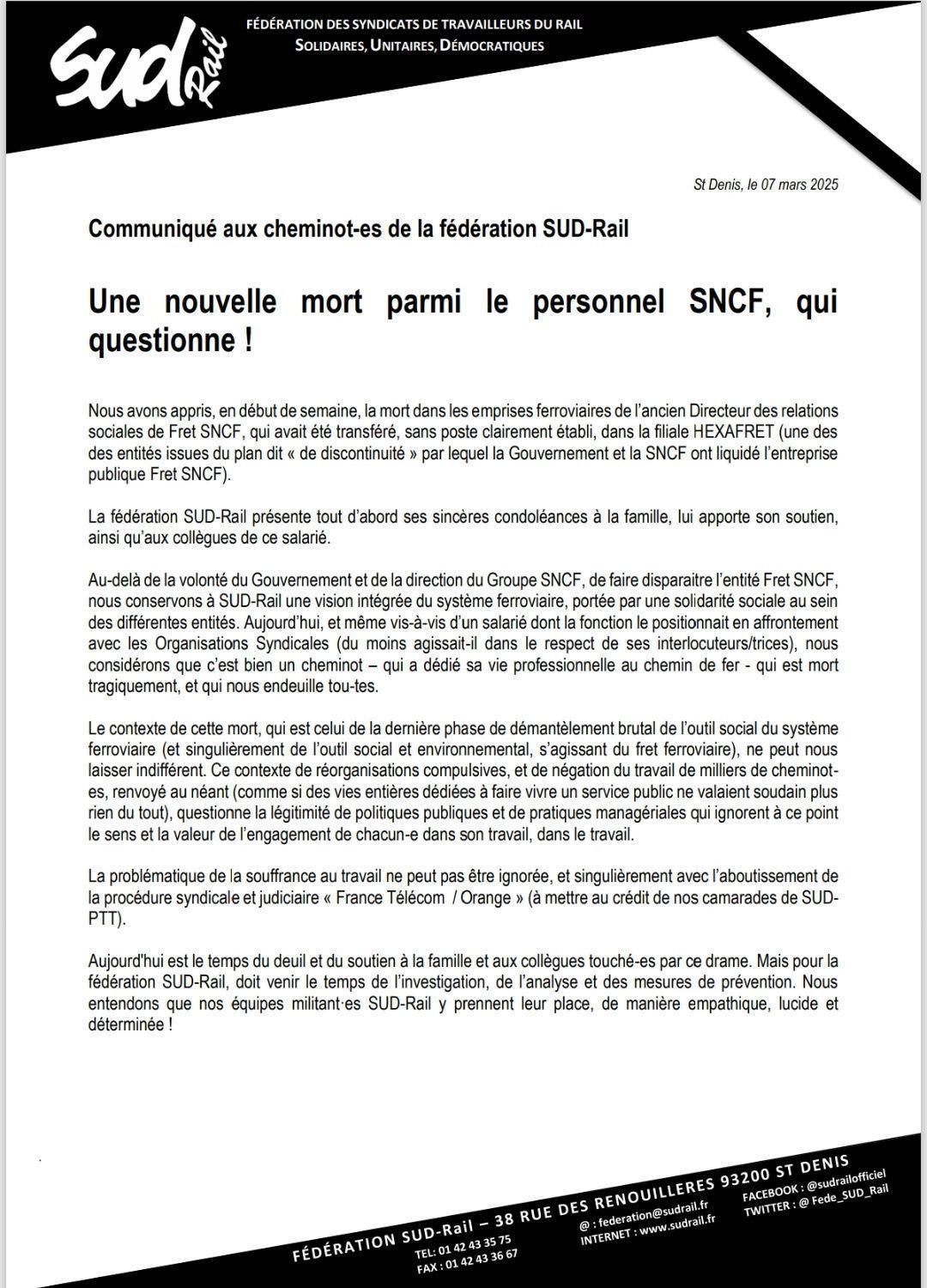 SUD-Rail // Un nouveau décès parmi le personnel SNCF qui questionne