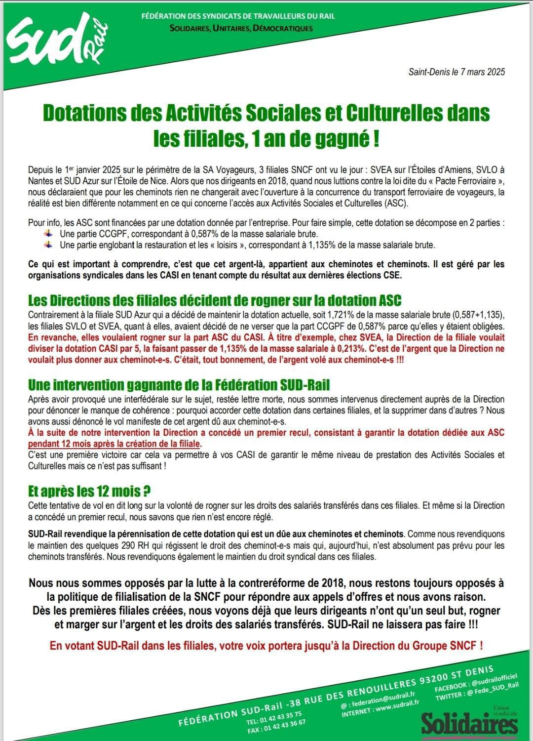 SUD-Rail // Dotation des ASC dans les filiales : 1 an de gagné !