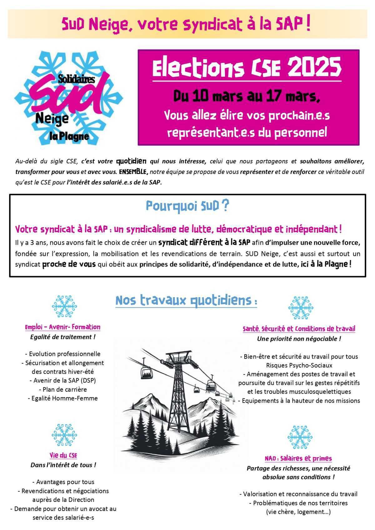 SUD Neige // Élections CSE du 10 au 17 mars, votre syndicat à la SAP !