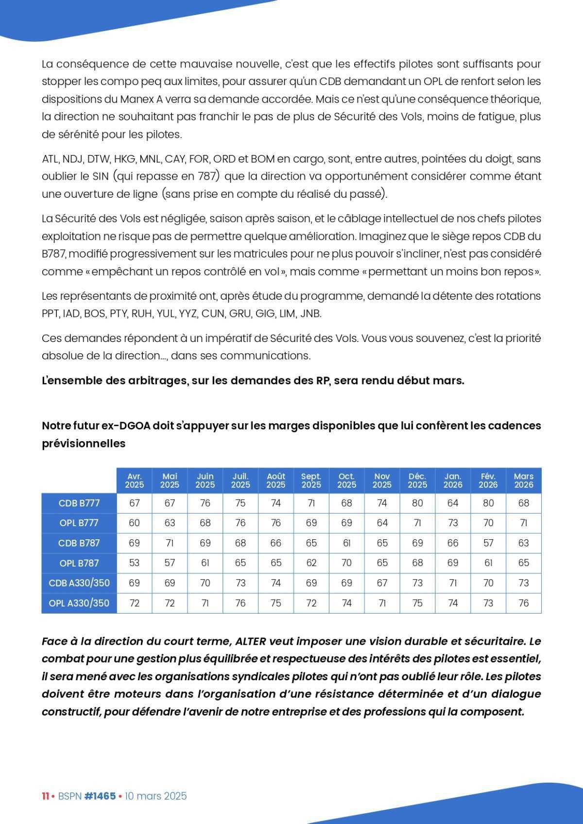 ALTER // Bulletin Syndical du Personnel Naviguant # 1465 du 10/03/25