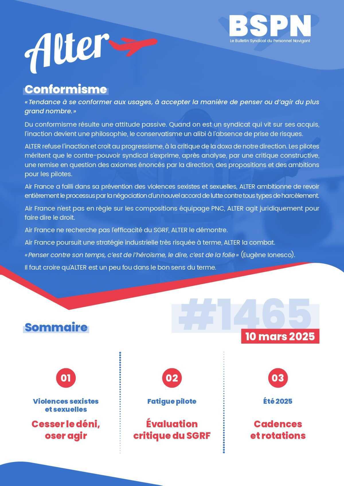 ALTER // Bulletin Syndical du Personnel Naviguant # 1465 du 10/03/25