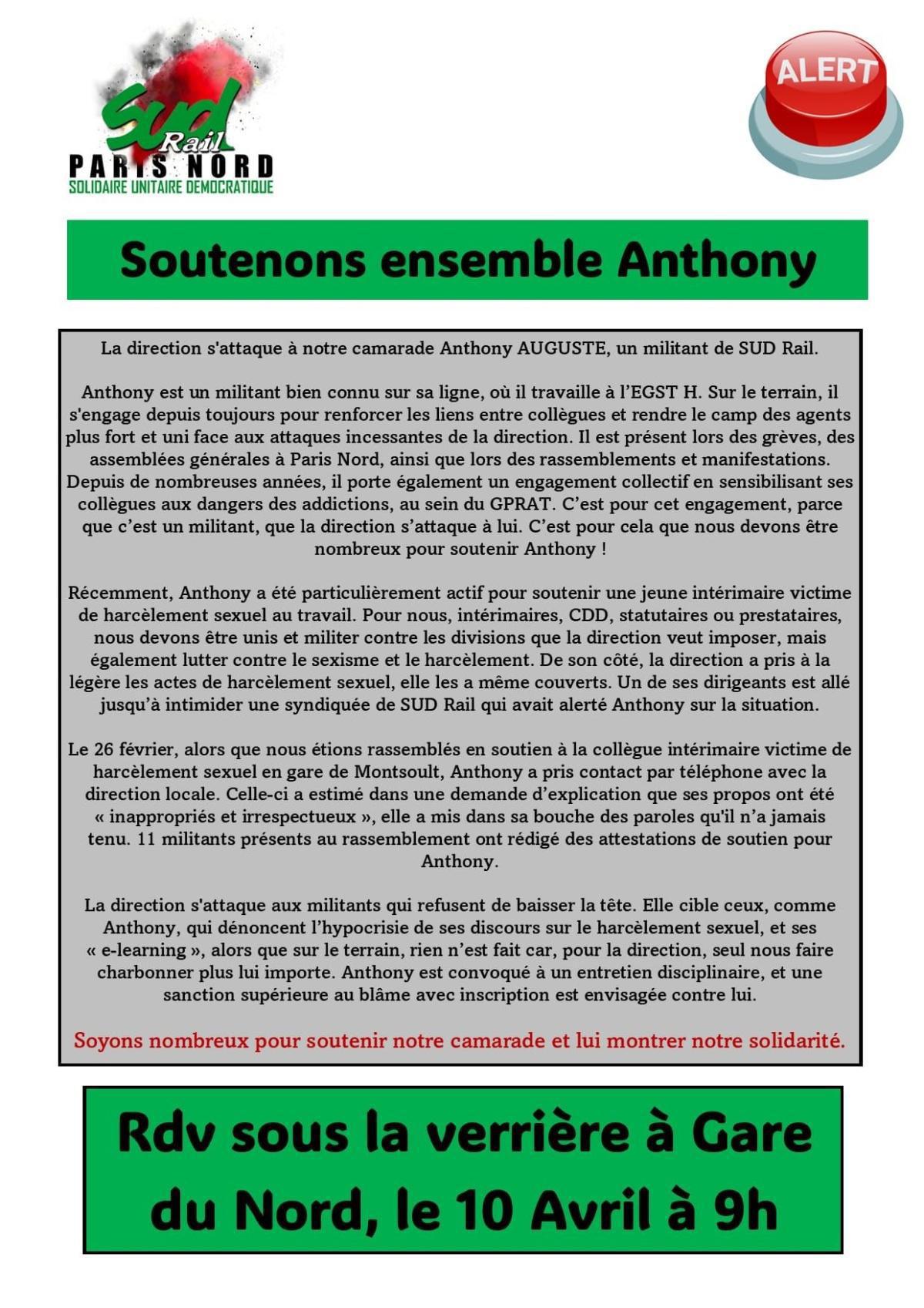 SUD-Rail // le 10 avril à la gare du Nord, soutenons ensemble Anthony