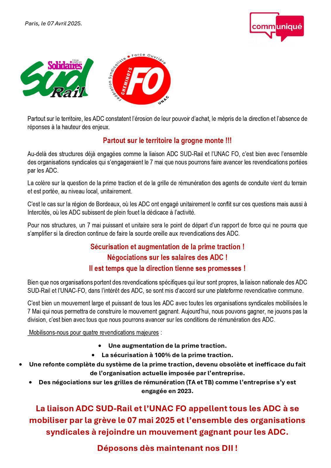 Appel commun SUD-Rail / FO pour la grève des agents de conduite