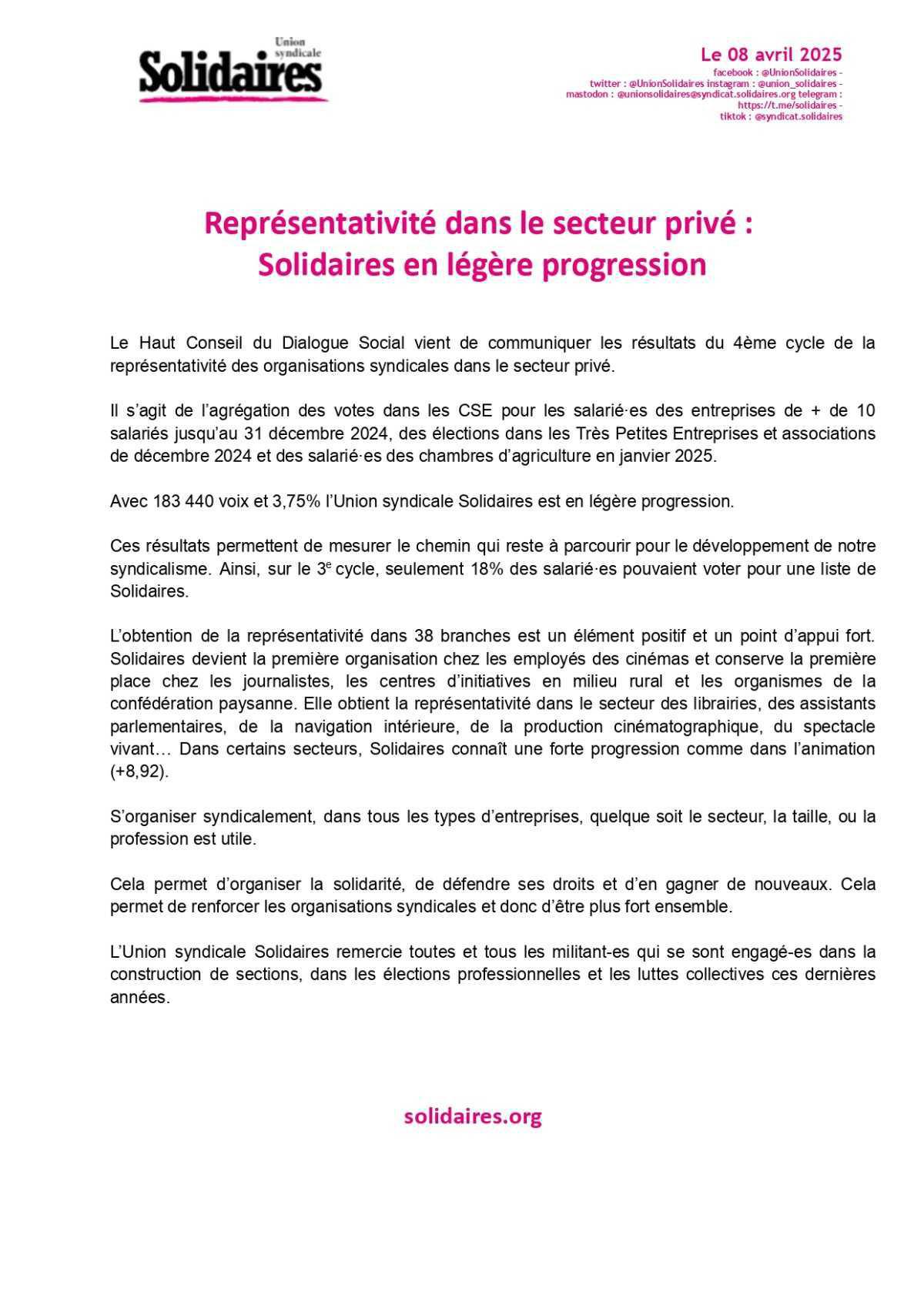 Représentativité dans le secteur privé : Solidaires en légère progression