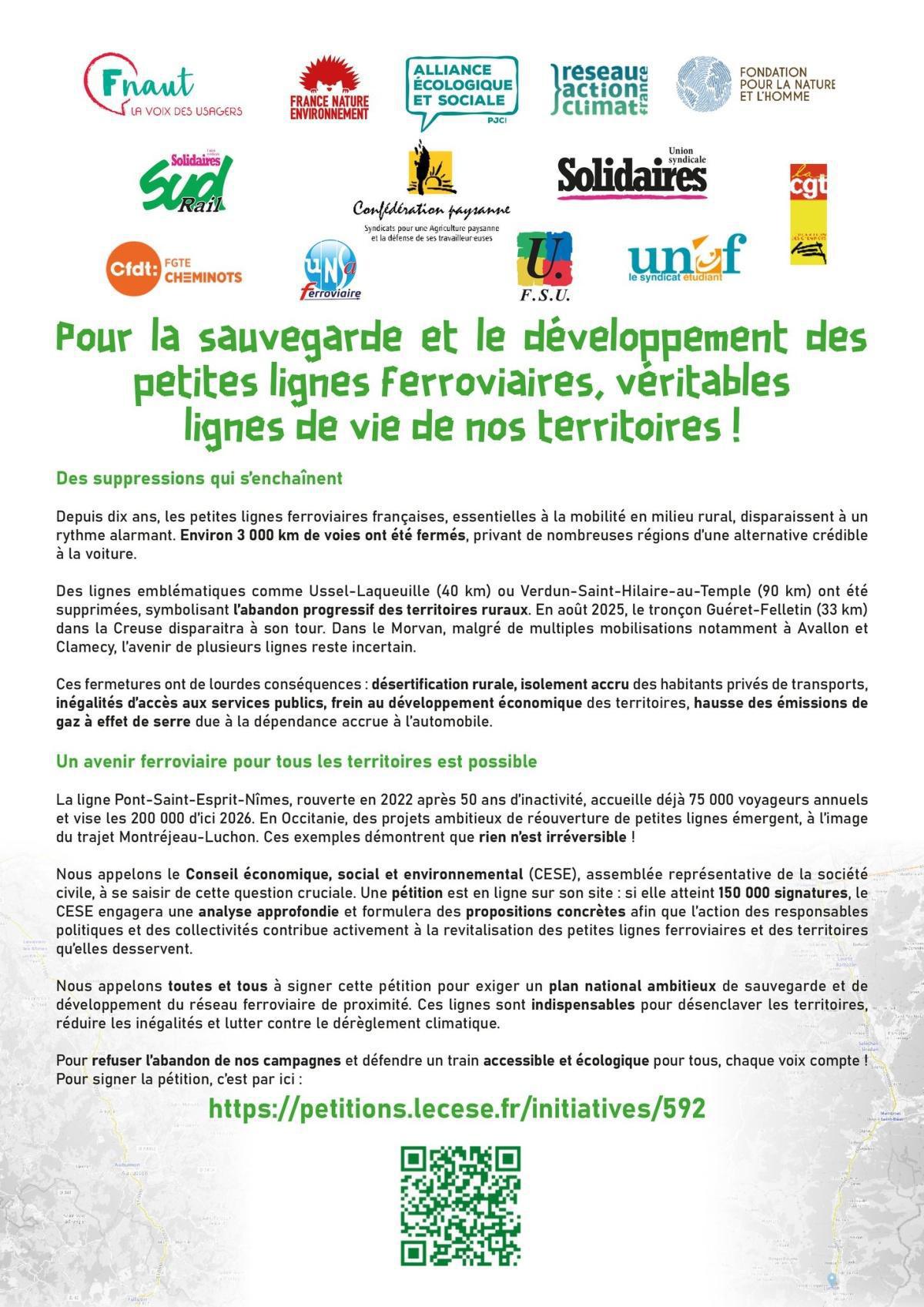 Pétition pour la sauvegarde et le développement des petites lignes ferroviaires