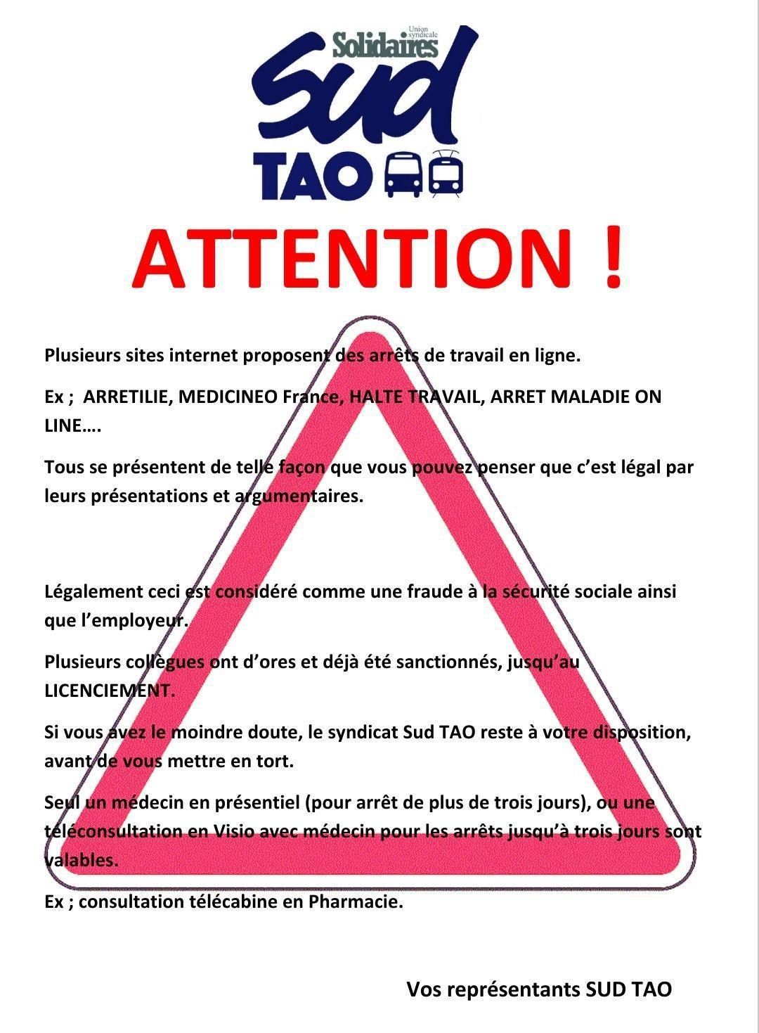 SUD-TAO // Attention aux sites webs prétendant fournir des arrêts de travail