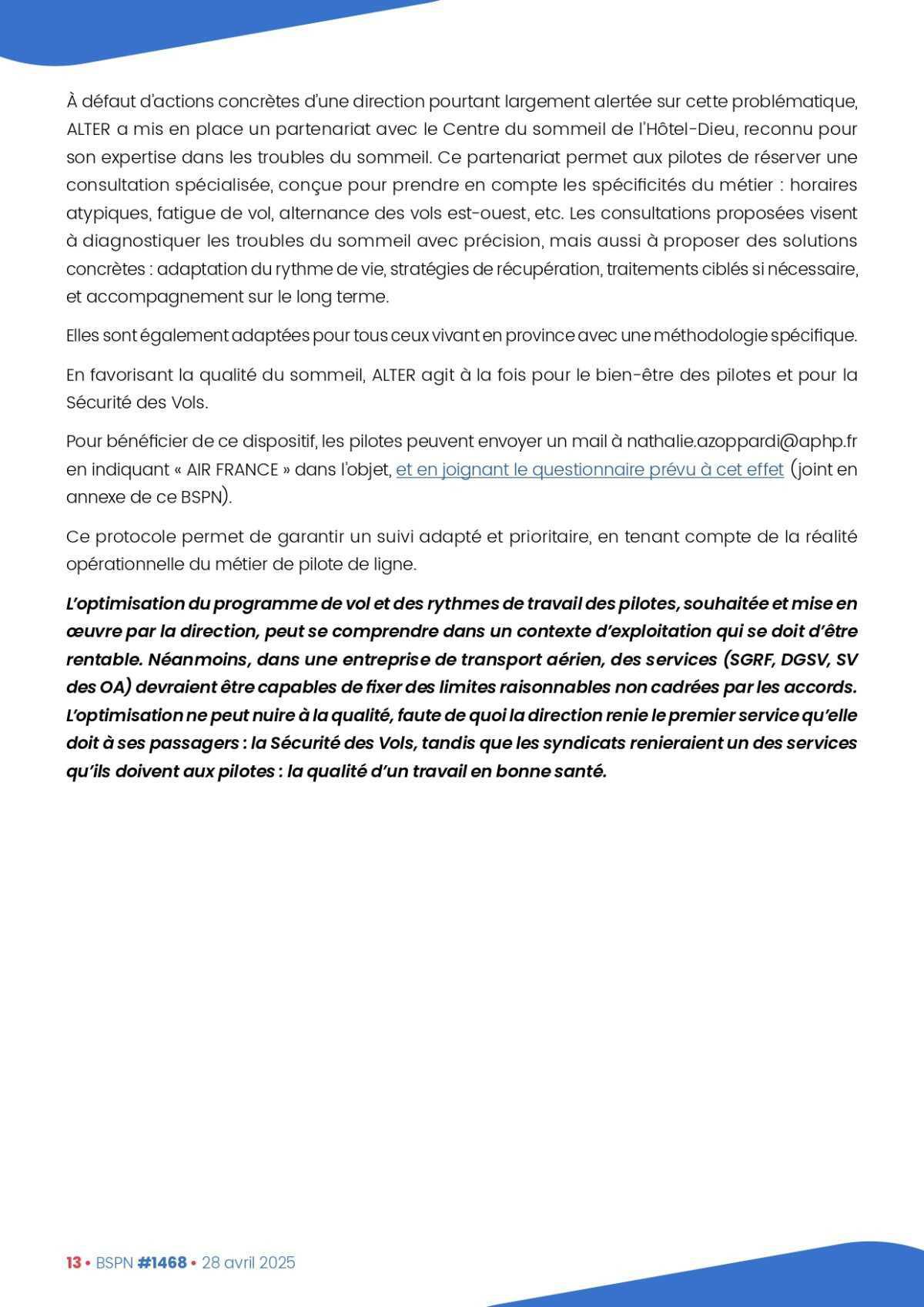 ALTER // Bulletin Syndical du Personnel Naviguant # 1468 du 28 avril 2025