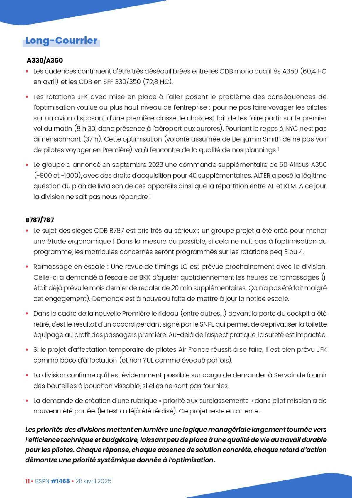 ALTER // Bulletin Syndical du Personnel Naviguant # 1468 du 28 avril 2025