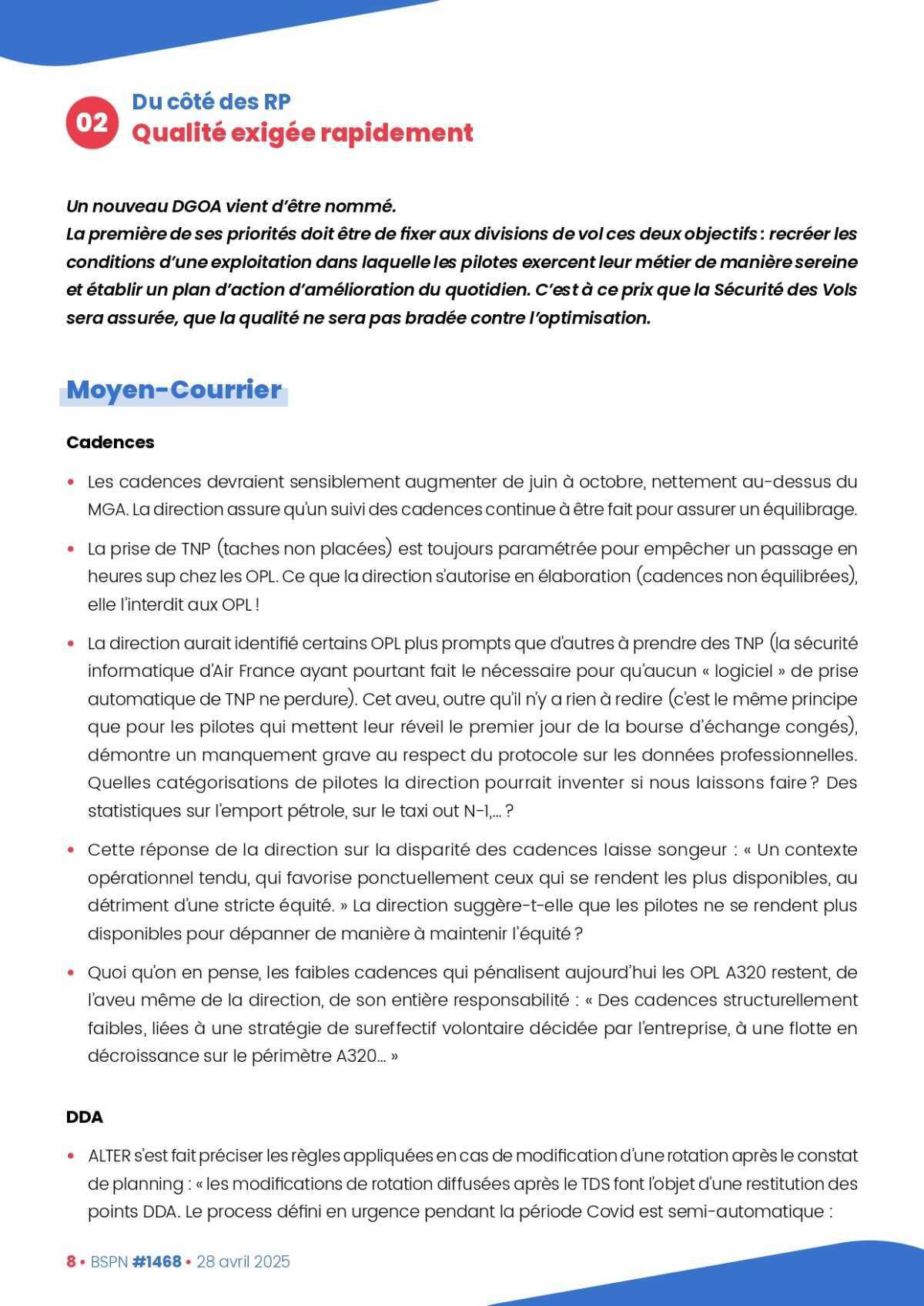 ALTER // Bulletin Syndical du Personnel Naviguant # 1468 du 28 avril 2025