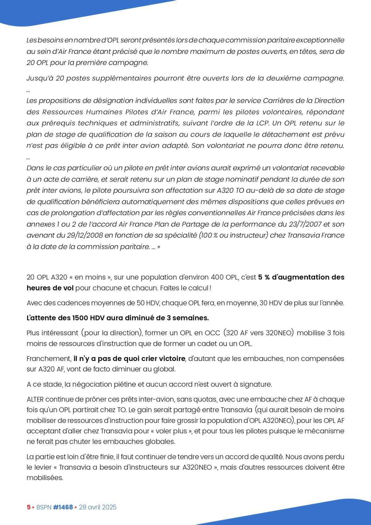 ALTER // Bulletin Syndical du Personnel Naviguant # 1468 du 28 avril 2025