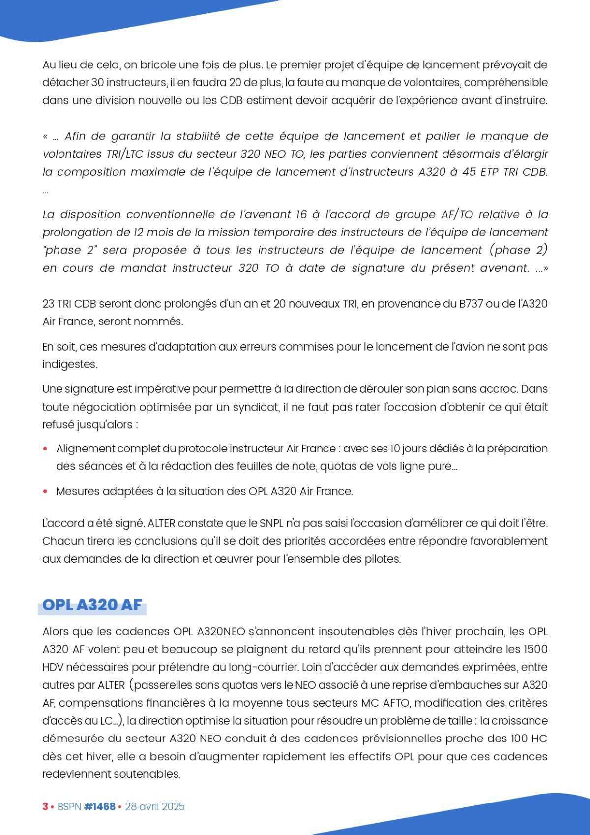 ALTER // Bulletin Syndical du Personnel Naviguant # 1468 du 28 avril 2025