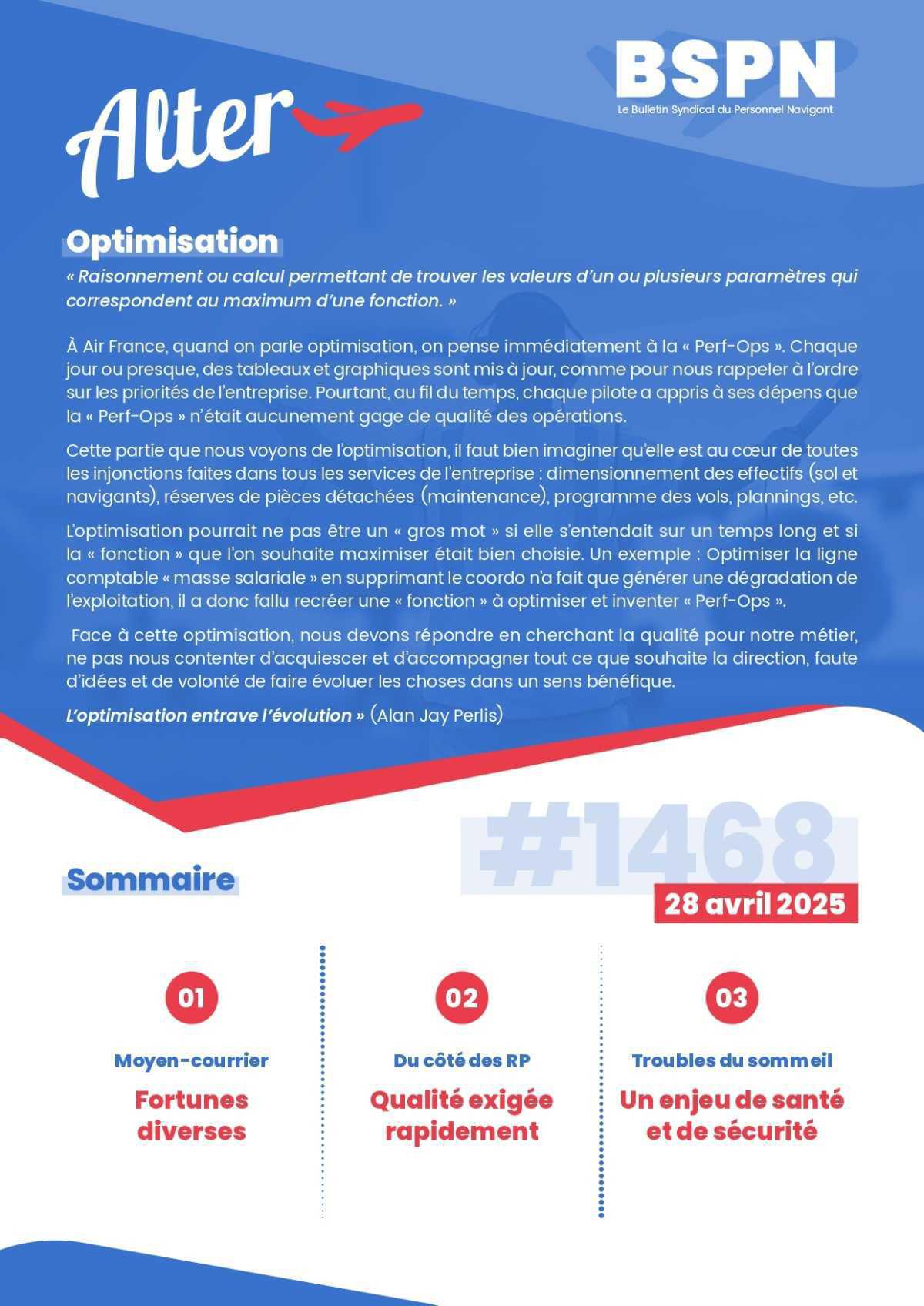 ALTER // Bulletin Syndical du Personnel Naviguant # 1468 du 28 avril 2025