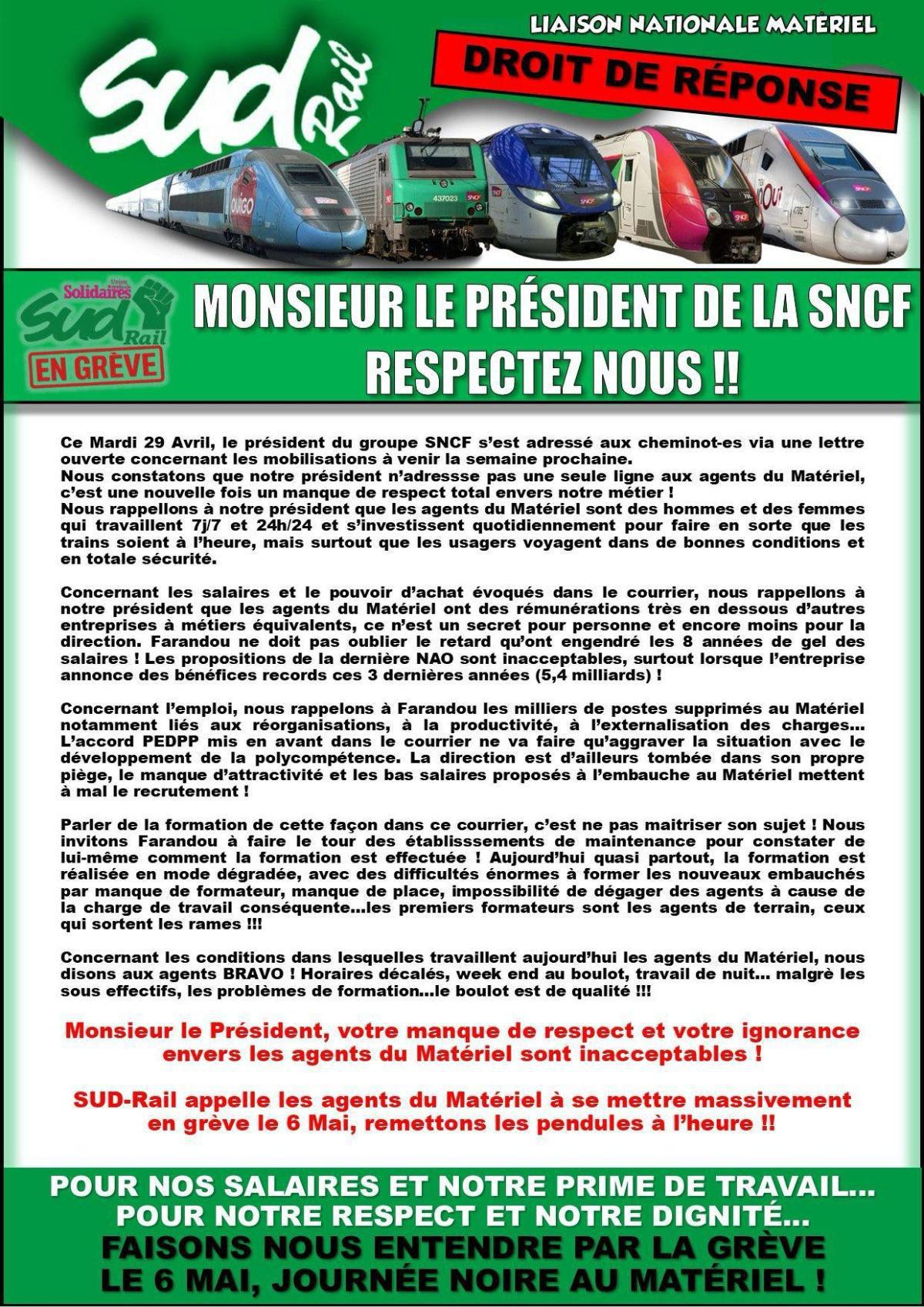 SUD-Rail Droit de réponse // Mr le PDG de la SNCF, respectez nous !
