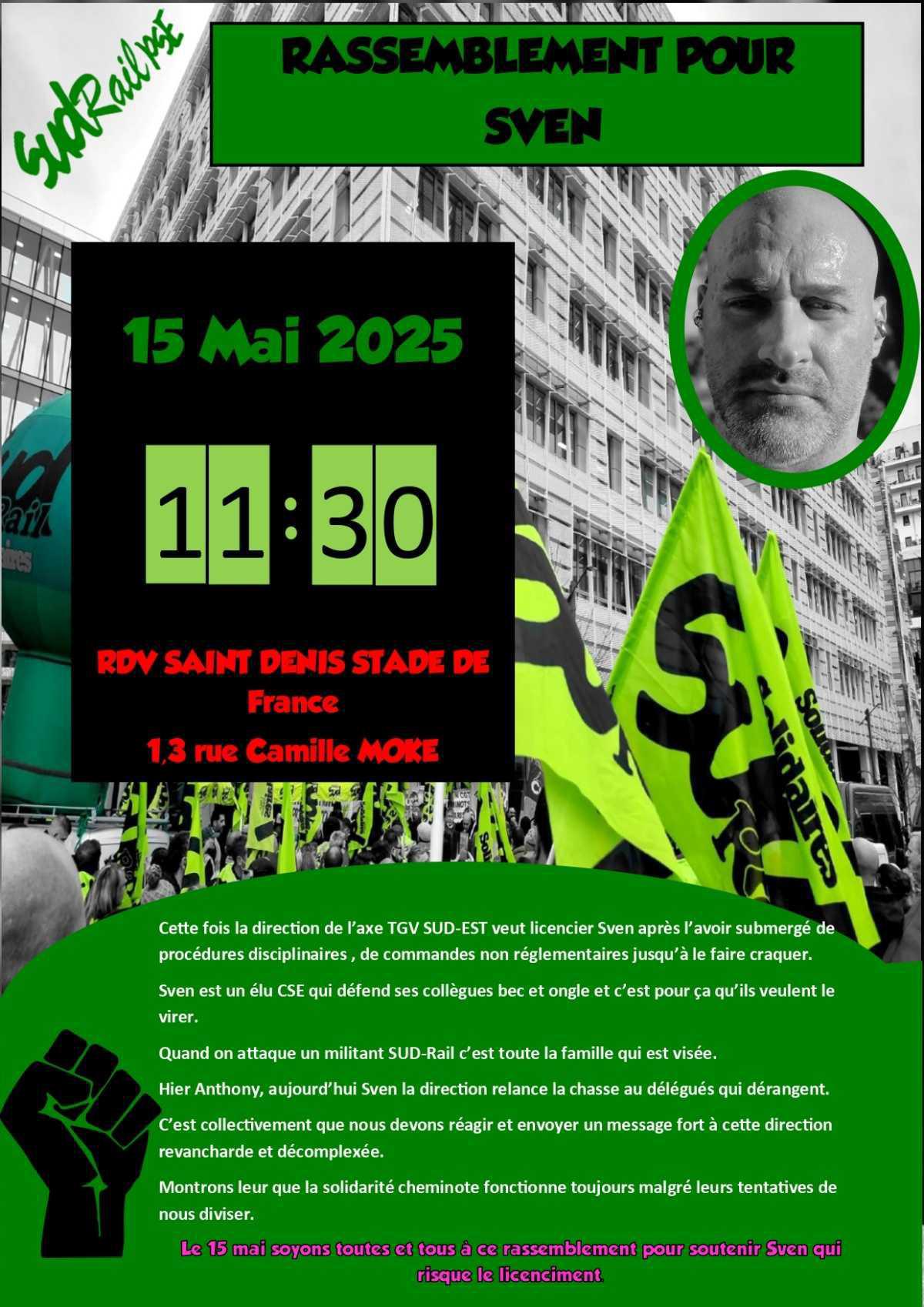 SUD-Rail // Rassemblement pour Sven à St-Denis le 15 mai !