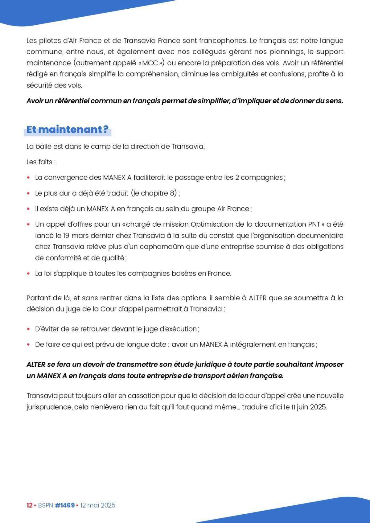 ALTER // Bulletin Syndical du Personnel Naviguant # 1469 du 12 mai 2025
