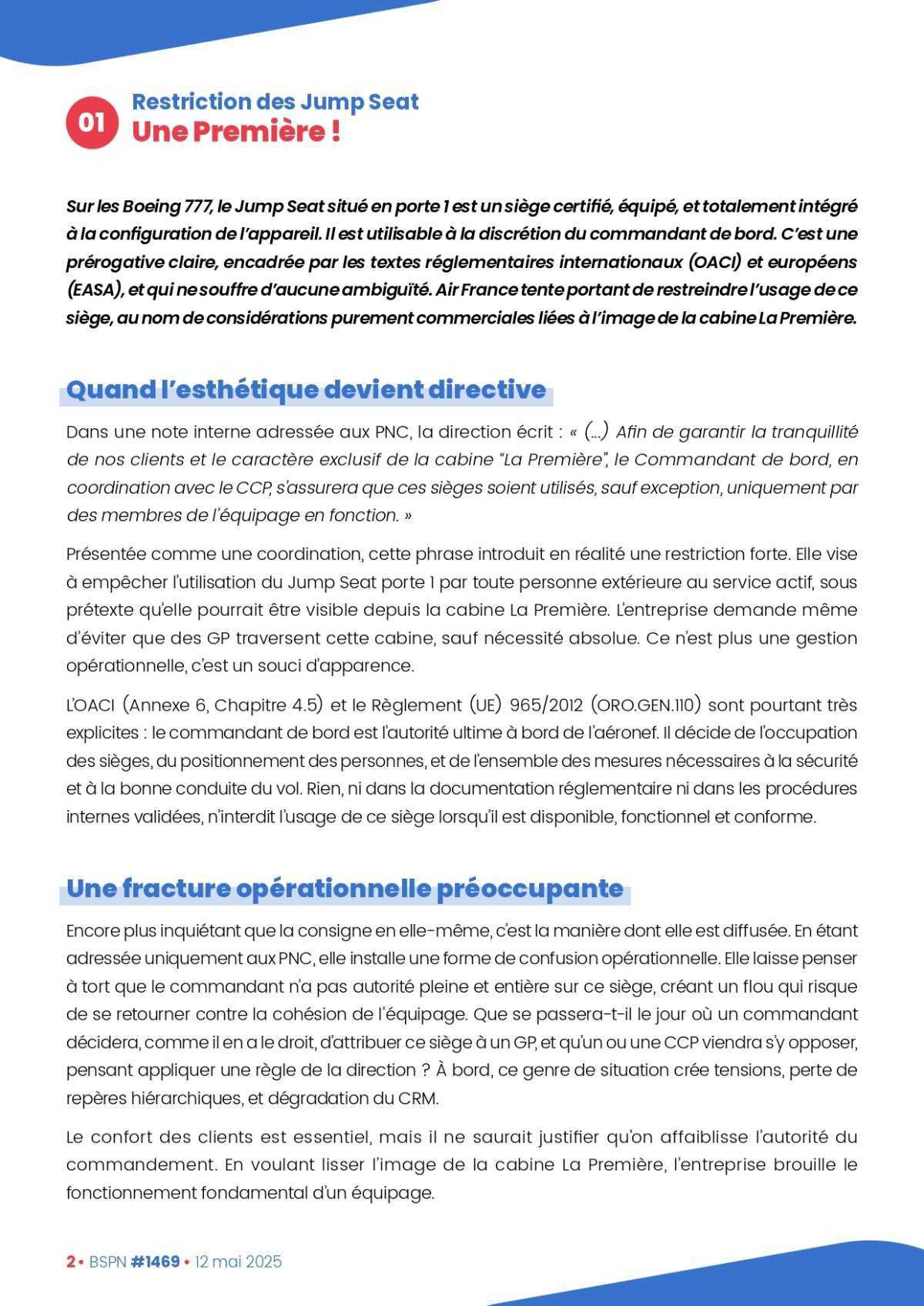 ALTER // Bulletin Syndical du Personnel Naviguant # 1469 du 12 mai 2025
