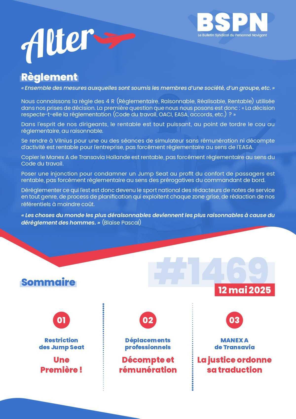 ALTER // Bulletin Syndical du Personnel Naviguant # 1469 du 12 mai 2025