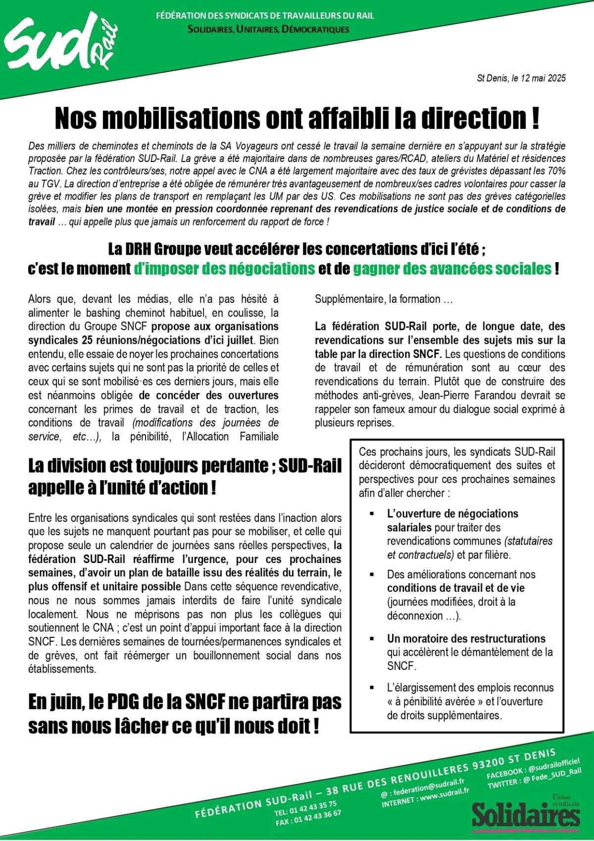 SUD-Rail // Nos mobilisations ont affaibli la Direction !