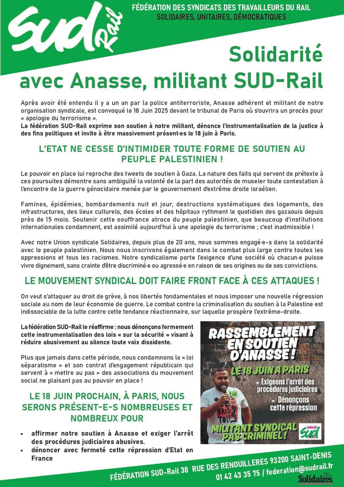 SUD-Rail // Rassemblement à Paris le 18 juin en solidarité avec Anasse