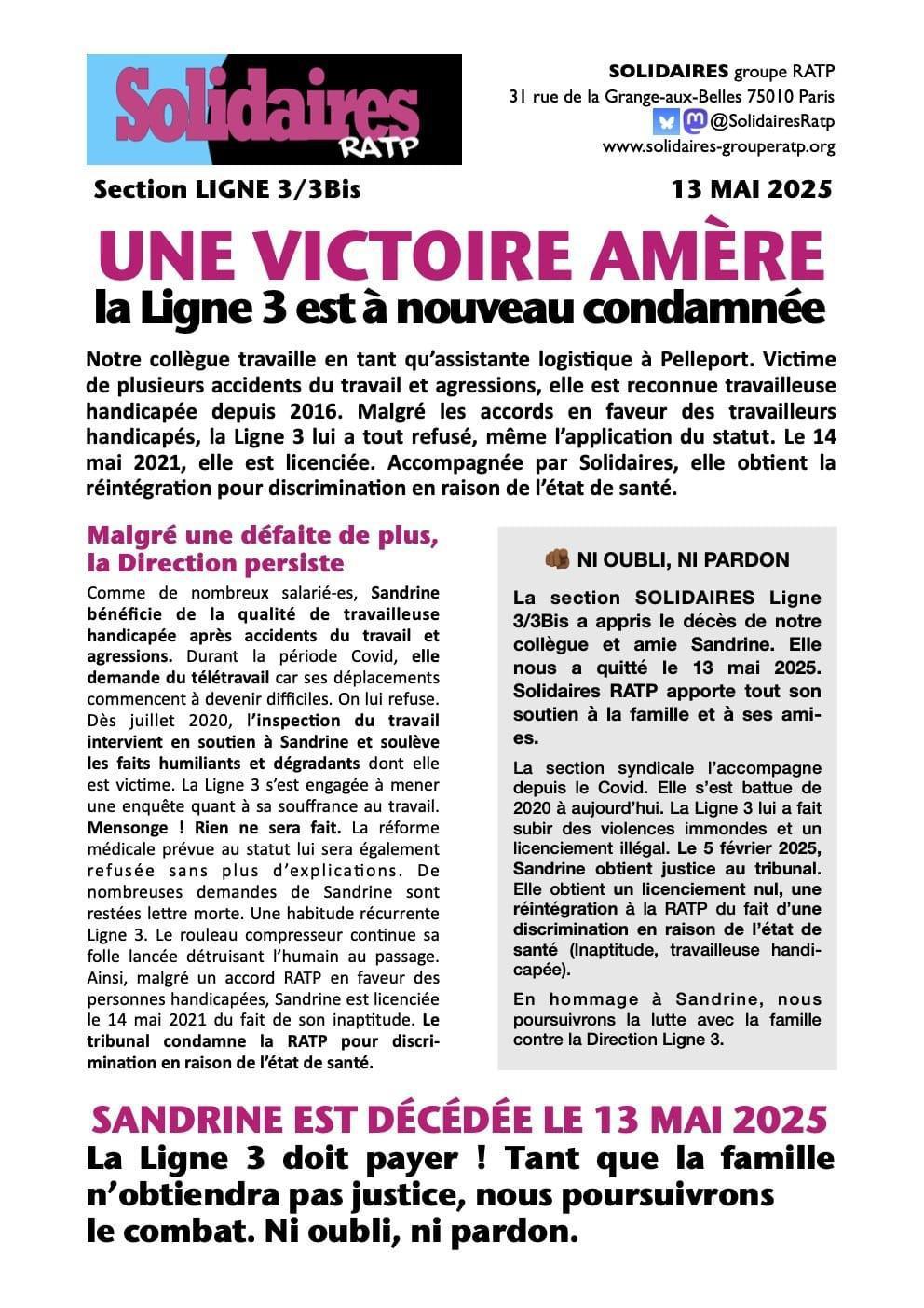 Solidaires RATP // Une victoire amère, la ligne 3 à nouveau condamnée