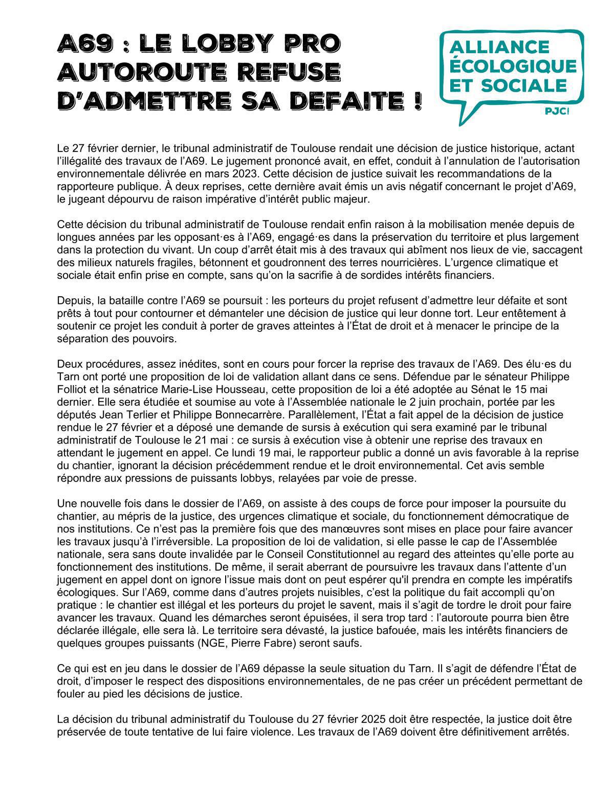 AES // A69 : le lobby pro-autoroute refuse d'admettre sa défaite !