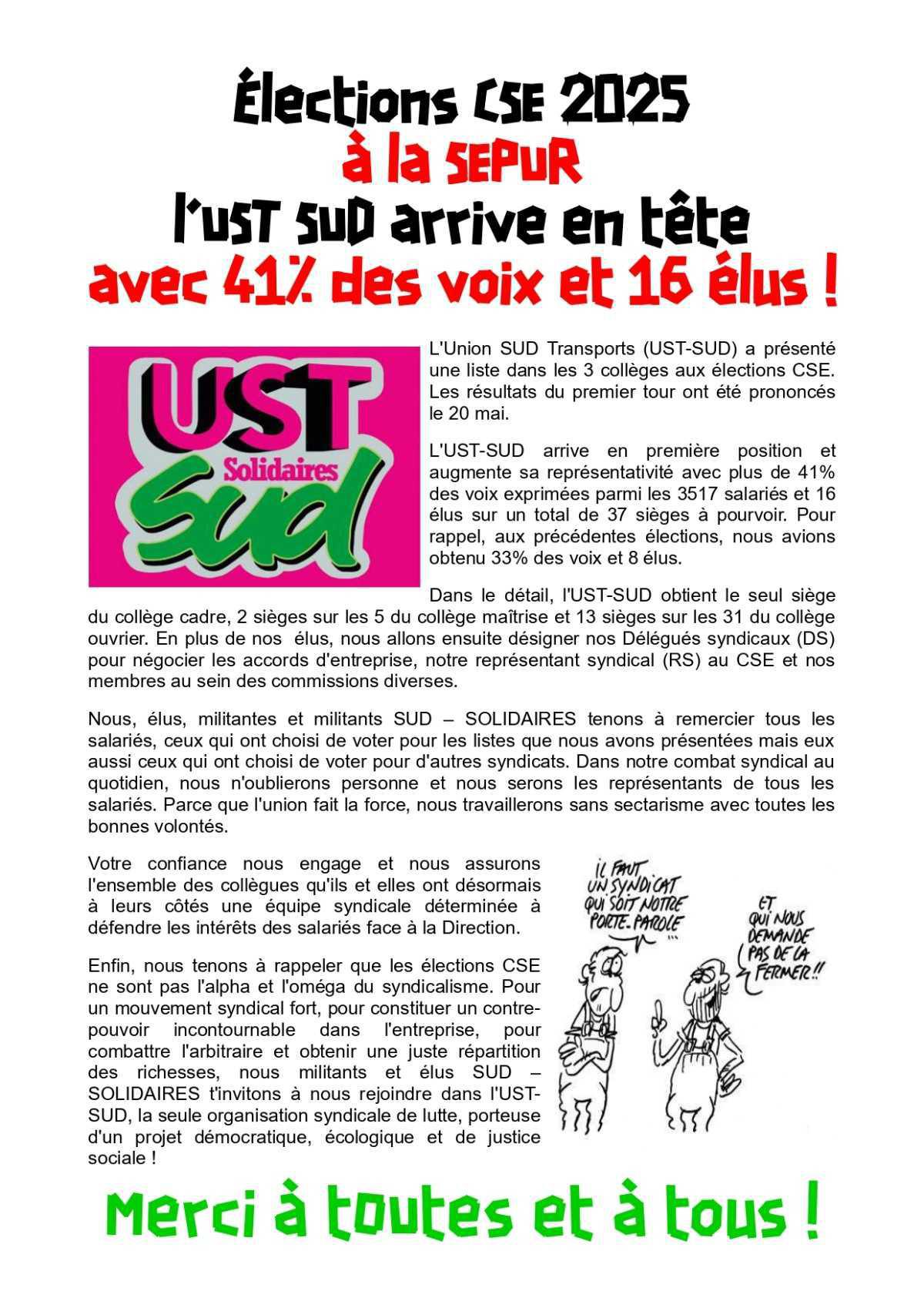 Élections CSE à la SEPUR : l'UST SUD progresse avec 41% des voix et 16 élus