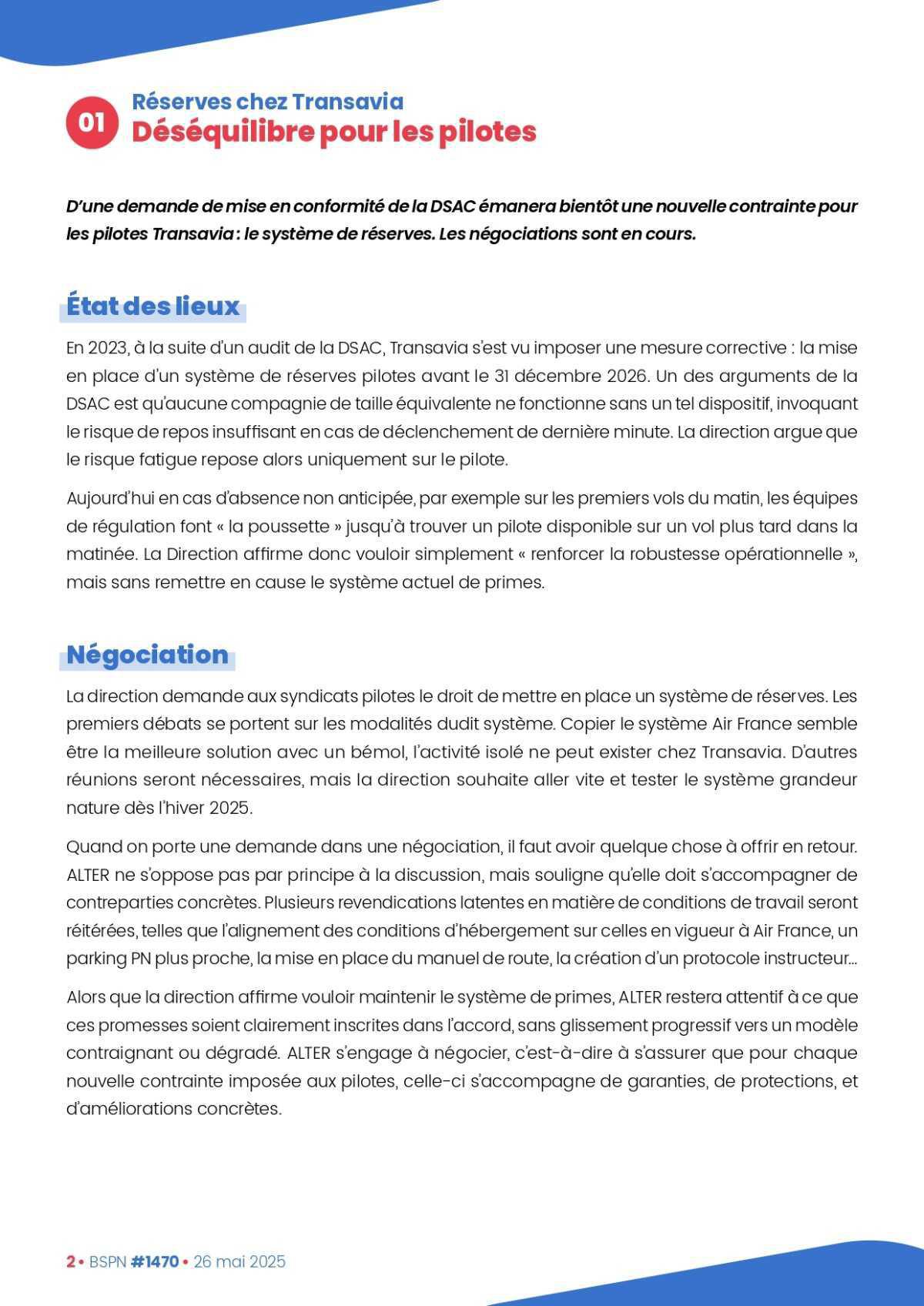 ALTER // Bulletin Syndical du Personnel Naviguant #1470 du 27 mai 2025