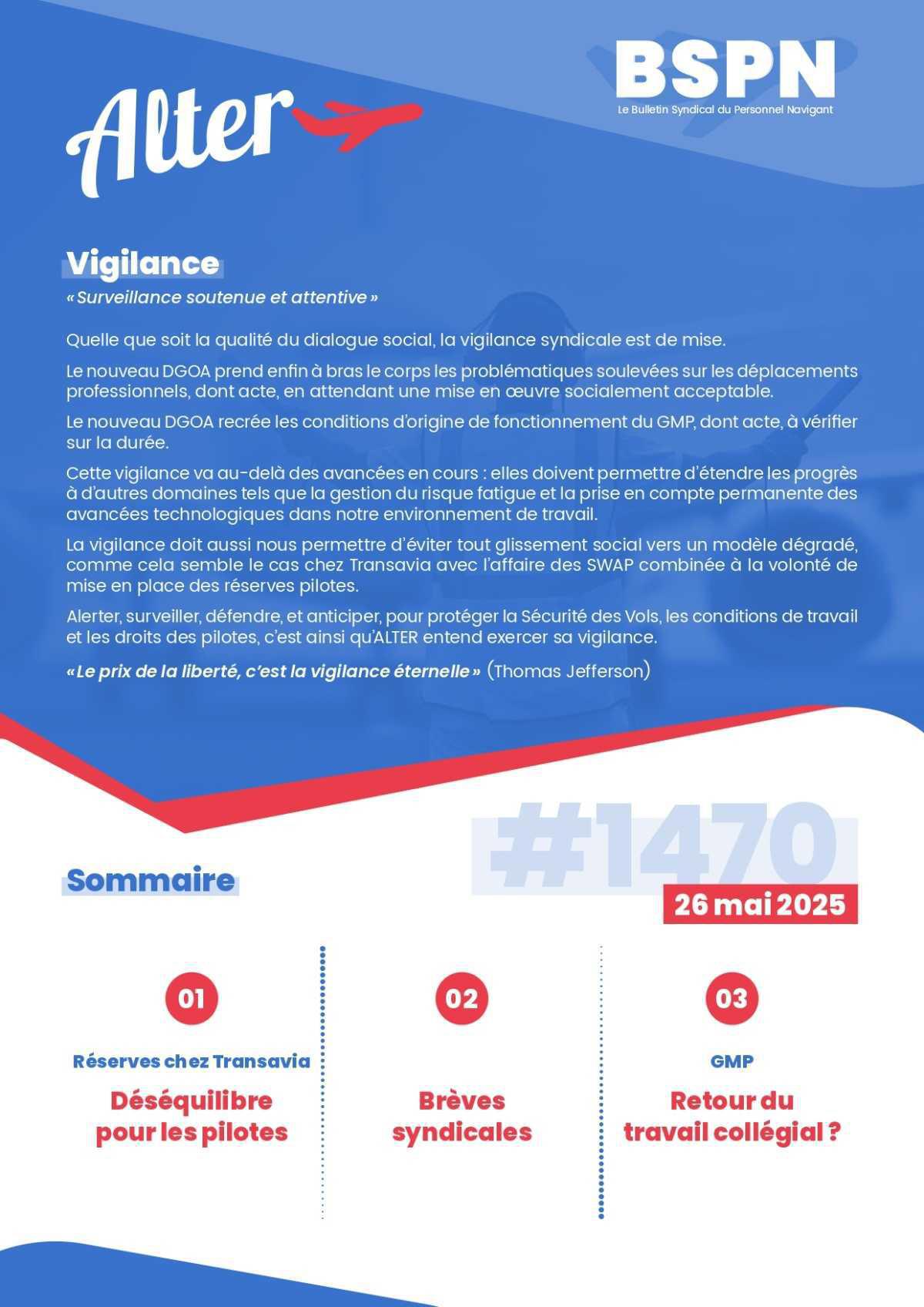 ALTER // Bulletin Syndical du Personnel Naviguant #1470 du 27 mai 2025