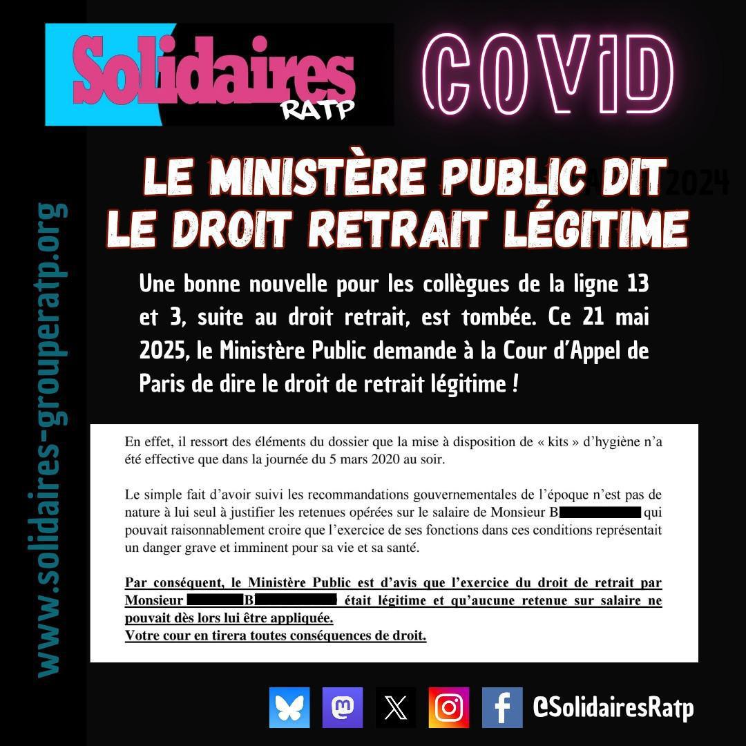 Solidaires RATP // Le ministère public dit que le droit de retrait Covid est légitime