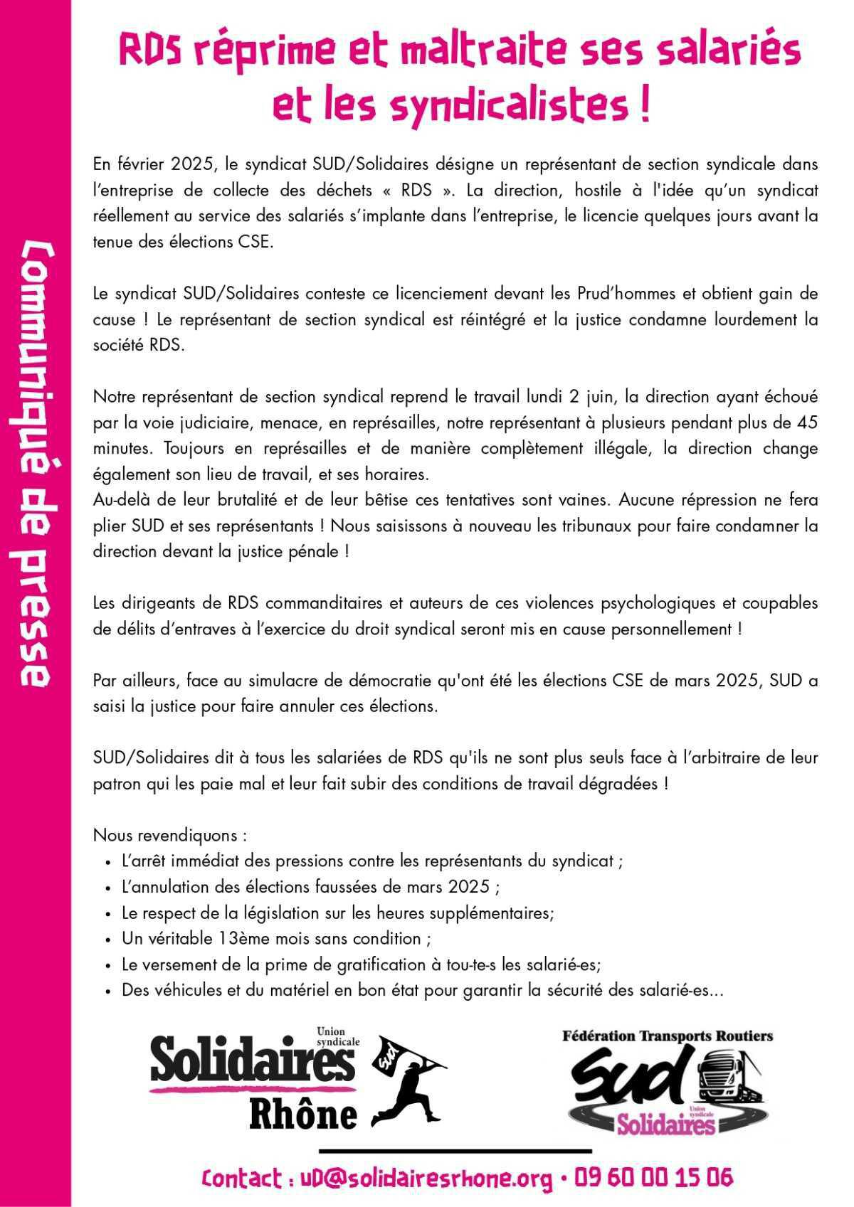 SUD Solidaires Transports Routiers // RDS réprime et maltraite ses salariés et syndicalistes !