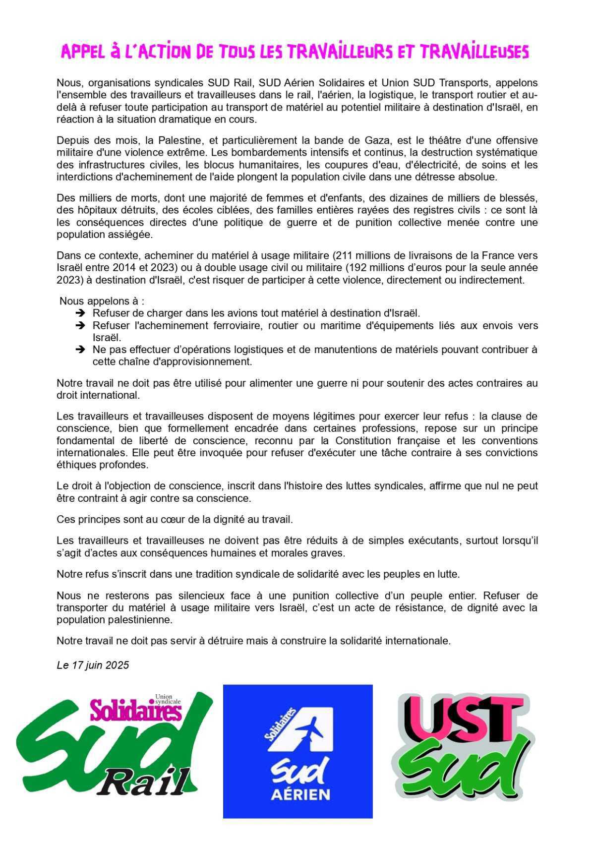 SUD-Rail / SUD Aérien / UST / Appel au boycott des livraisons d'armes à Israël