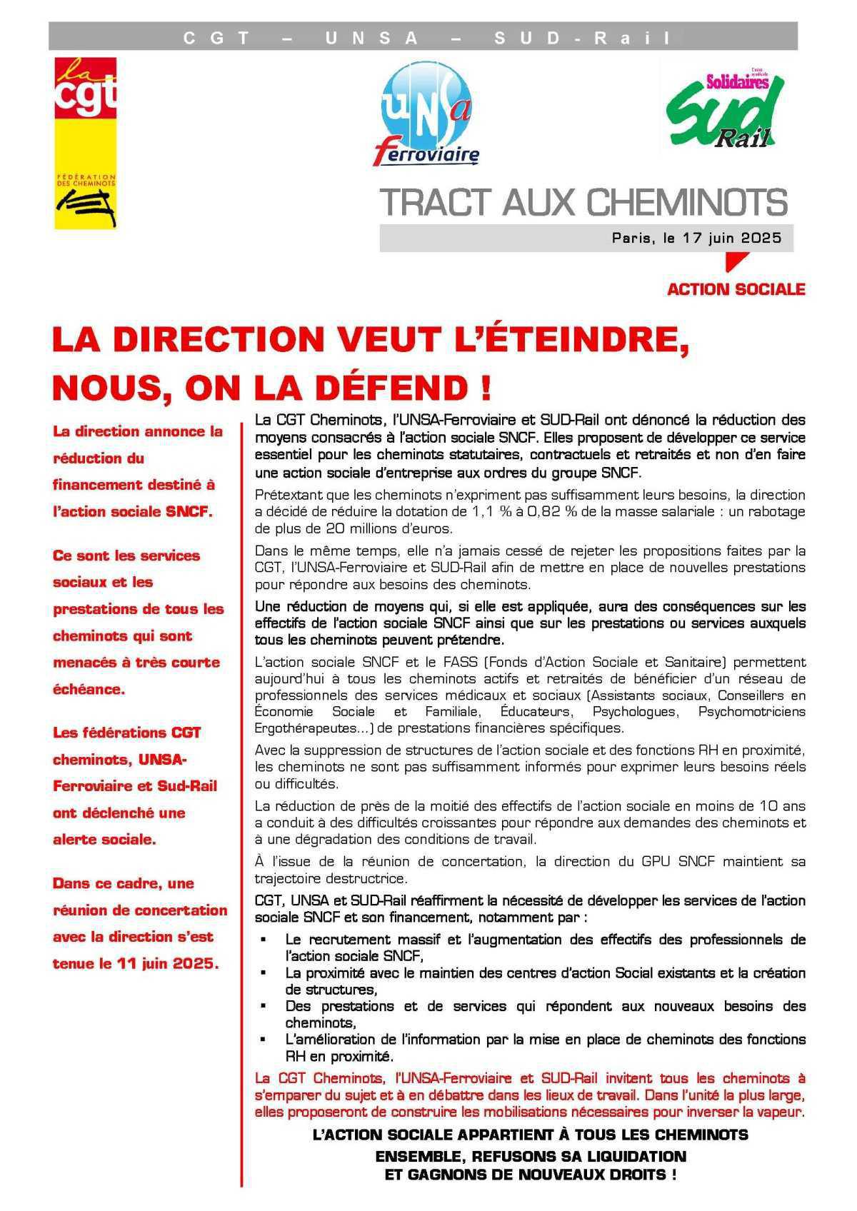 Tract unitaire SNCF pour la défense de l'Action sociale